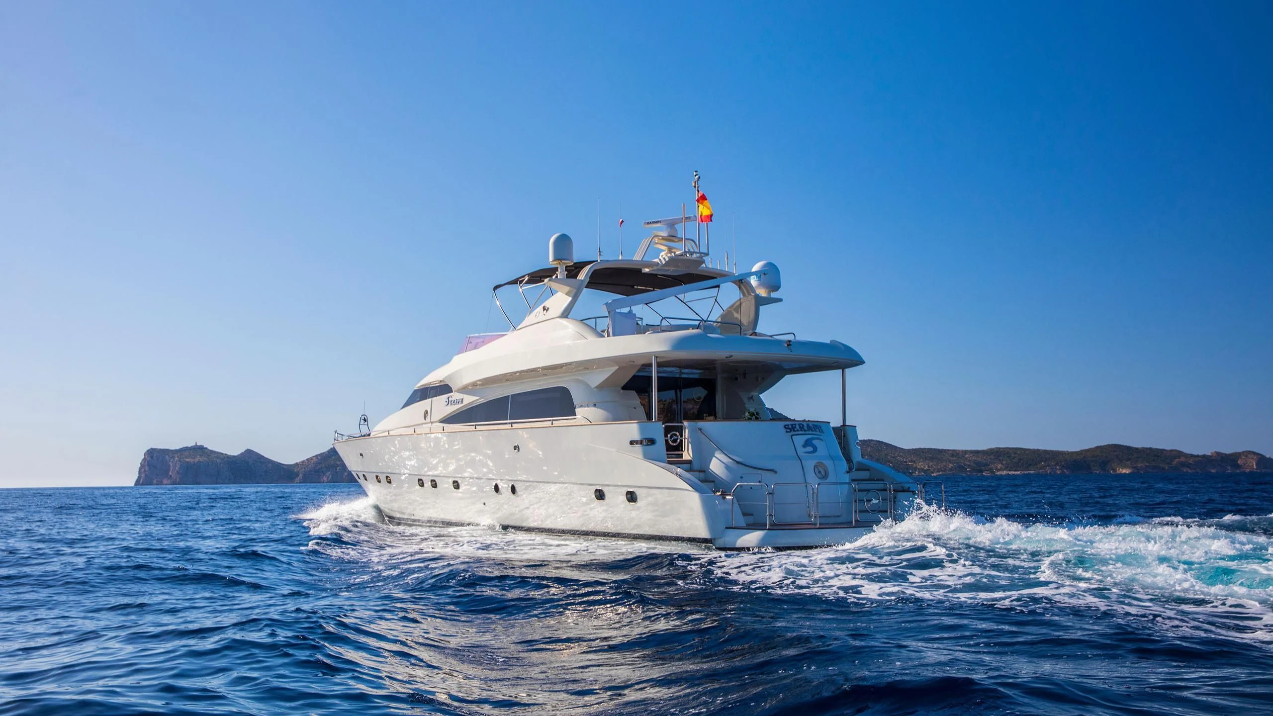 a white boat in the water aboard SERAPH PRIMERO Yacht for Sale