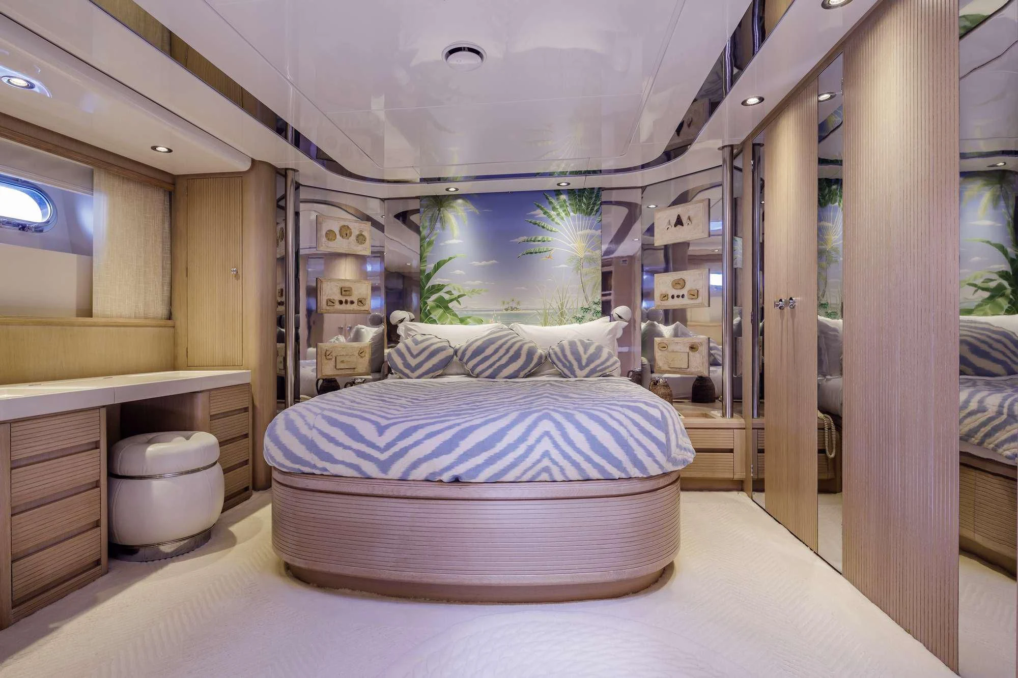 a bed in a room aboard NOMMO Yacht for Sale