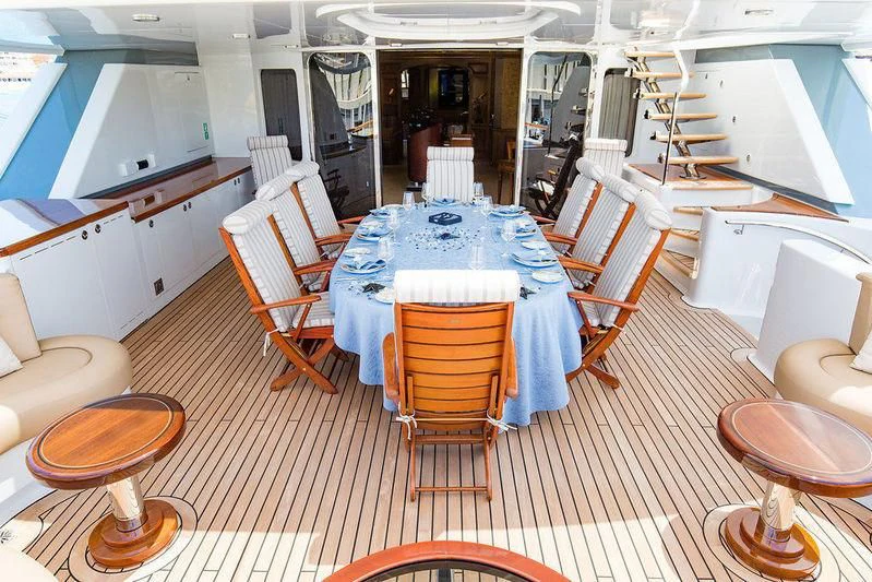 a dining room with chairs and tables aboard VITA NOVA Yacht for Sale