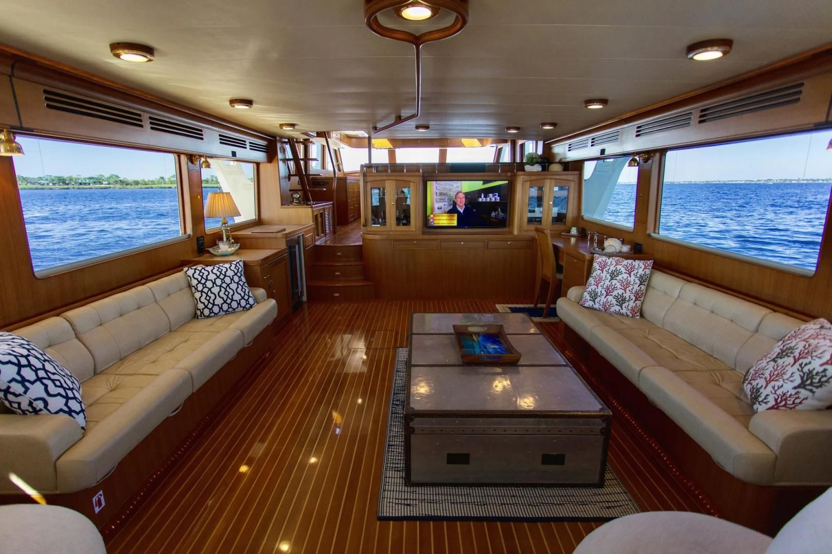 a living room with a large window aboard SOMEDAY CAME Yacht for Sale