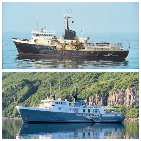 a large ship in the water aboard JUST B Yacht for Sale