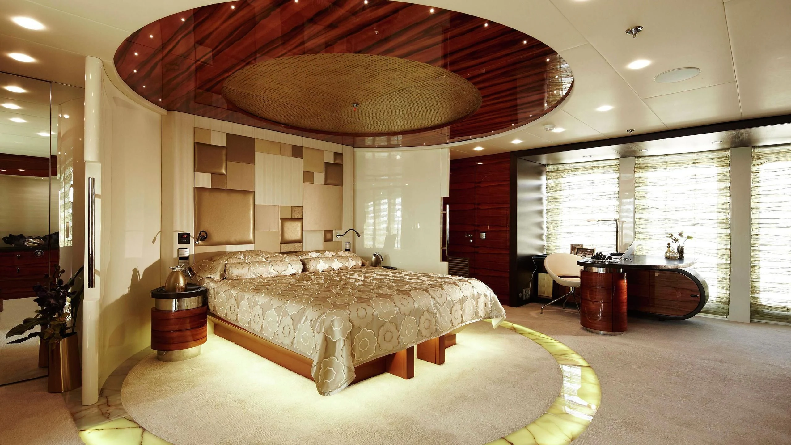 a large bedroom with a large bed aboard E&E Yacht for Sale