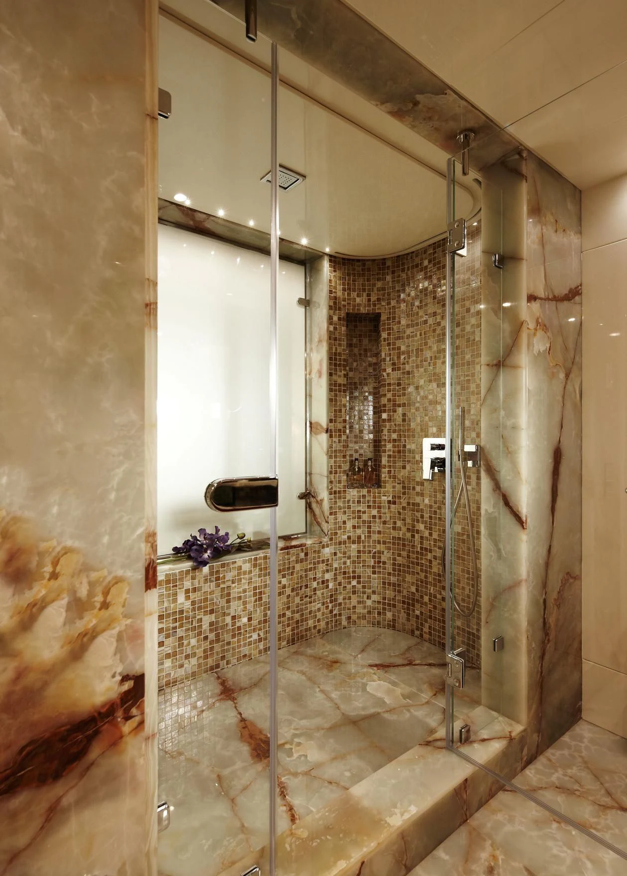 a bathroom with a shower aboard E&E Yacht for Sale
