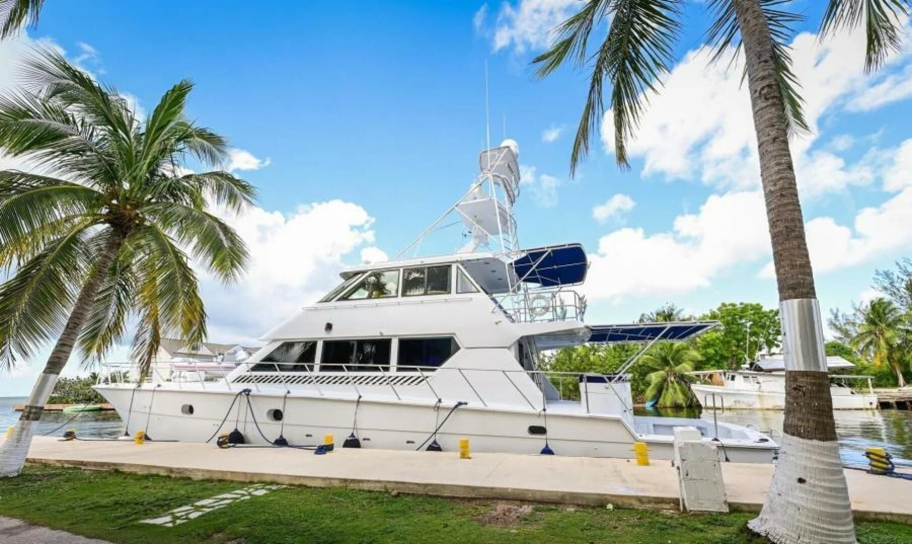 a white boat with palm trees aboard MAHA Yacht for Sale