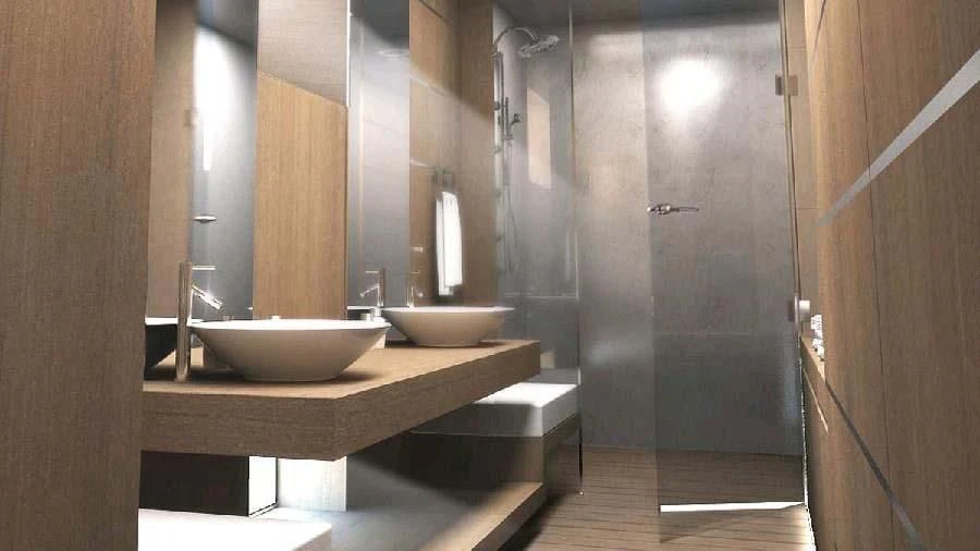 a bathroom with a sink and a mirror aboard ESPIRITU DEL XAREY Yacht for Sale