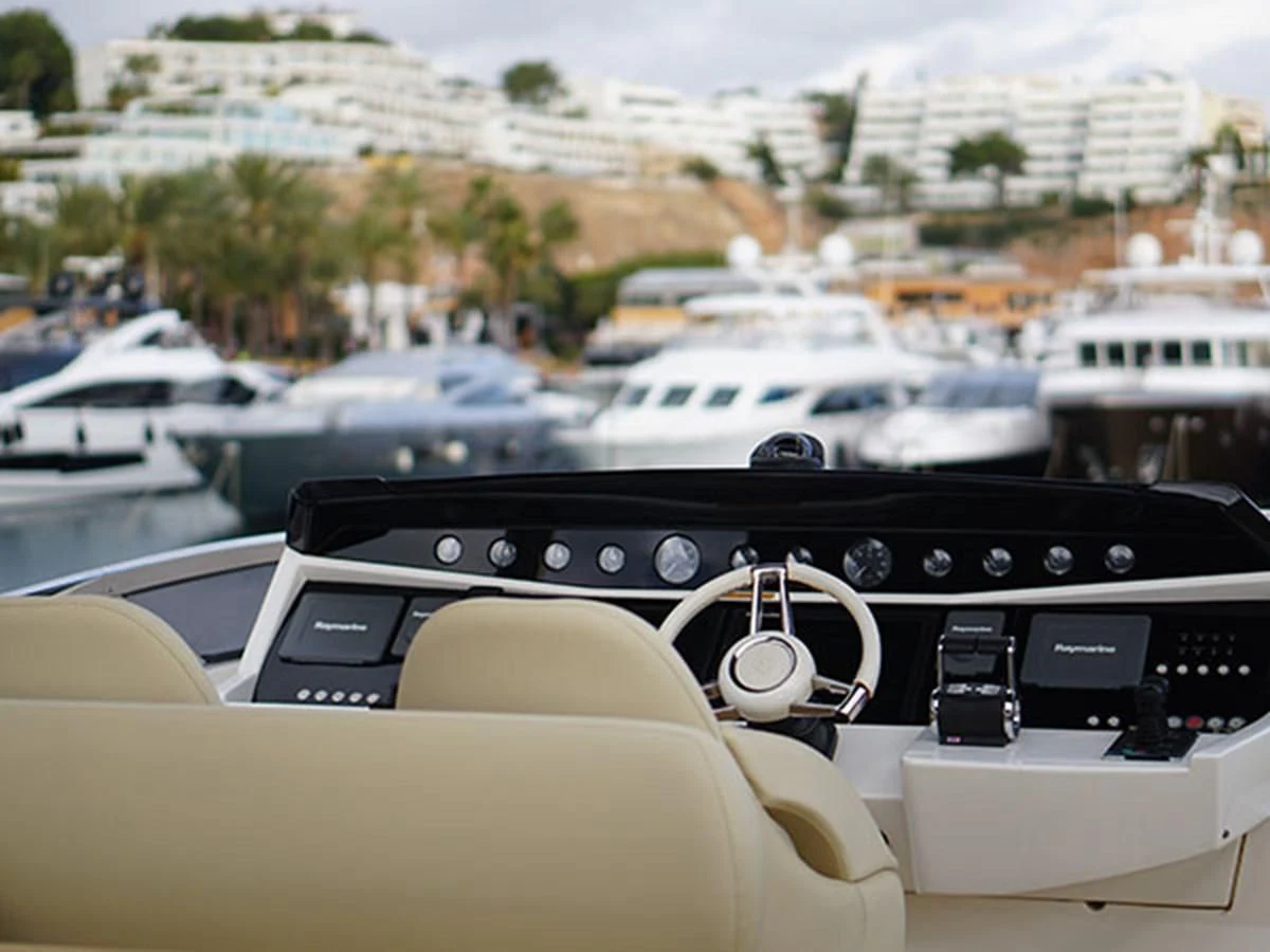 the inside of a car aboard 28M Yacht for Sale