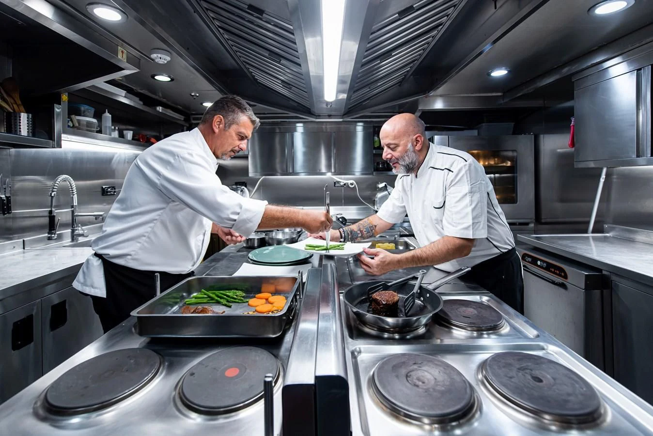 a couple of chefs in a kitchen aboard BLEU DE NIMES Yacht for Charter