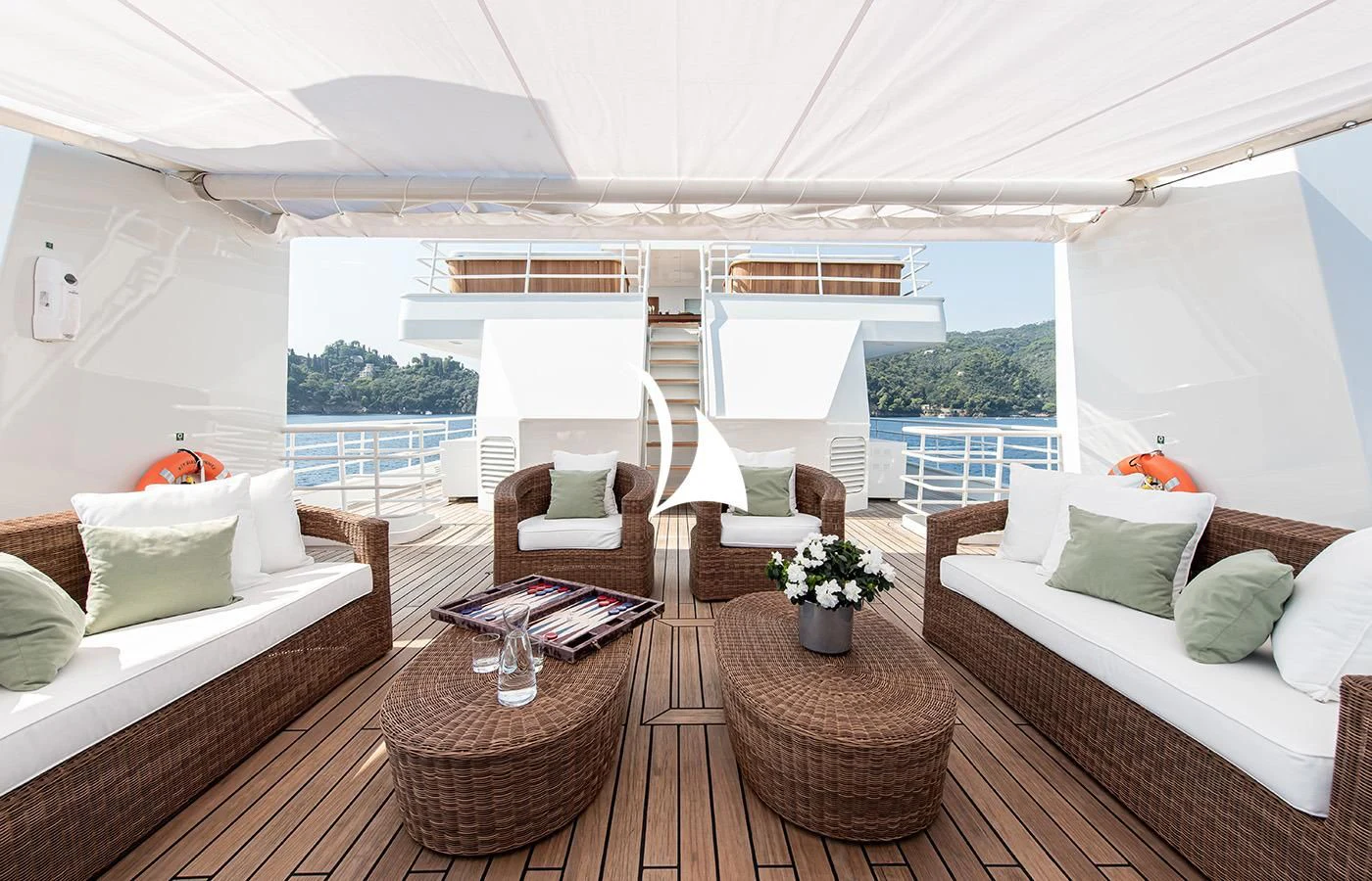 a living room with a large window aboard BLEU DE NIMES Yacht for Charter