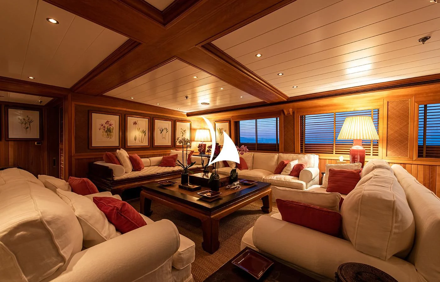 a living room with a large window aboard BLEU DE NIMES Yacht for Charter