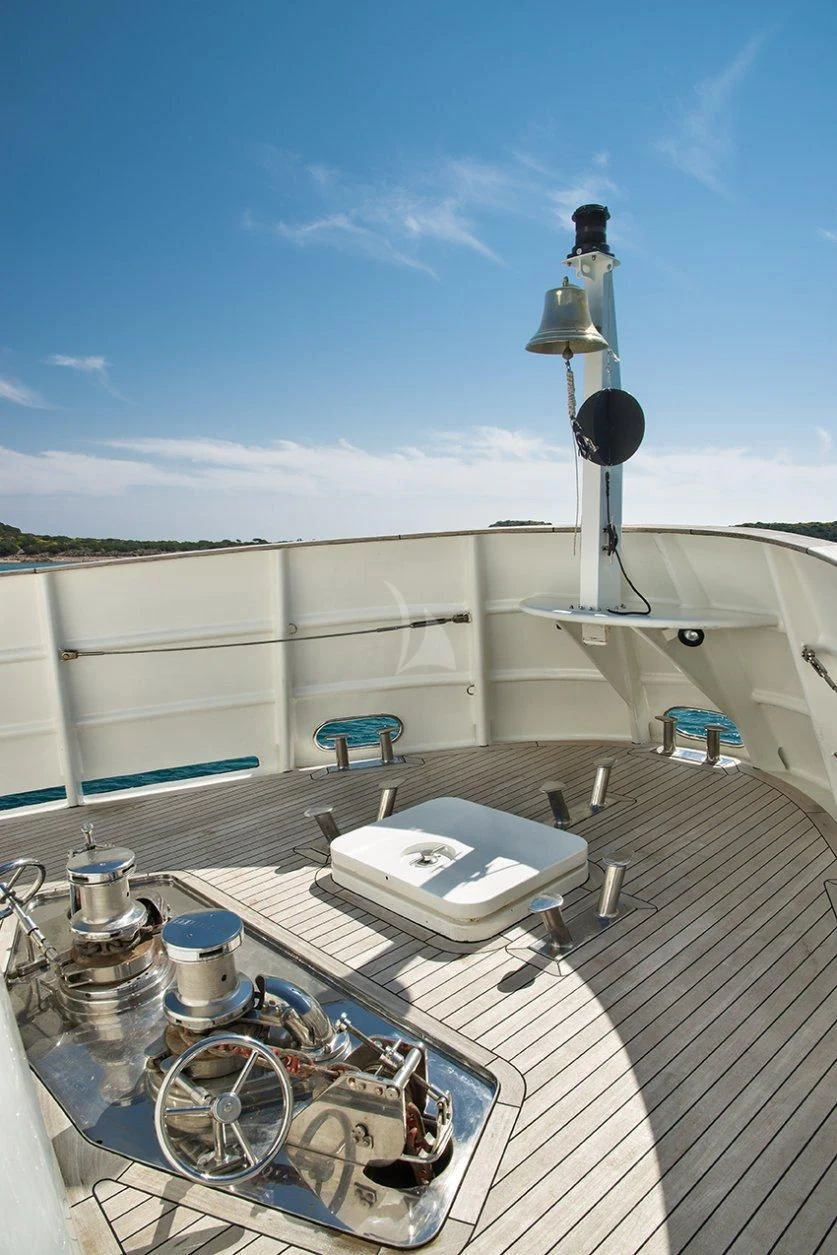 a deck with a large white building and a large satellite dish on it aboard INDIAN Yacht for Sale