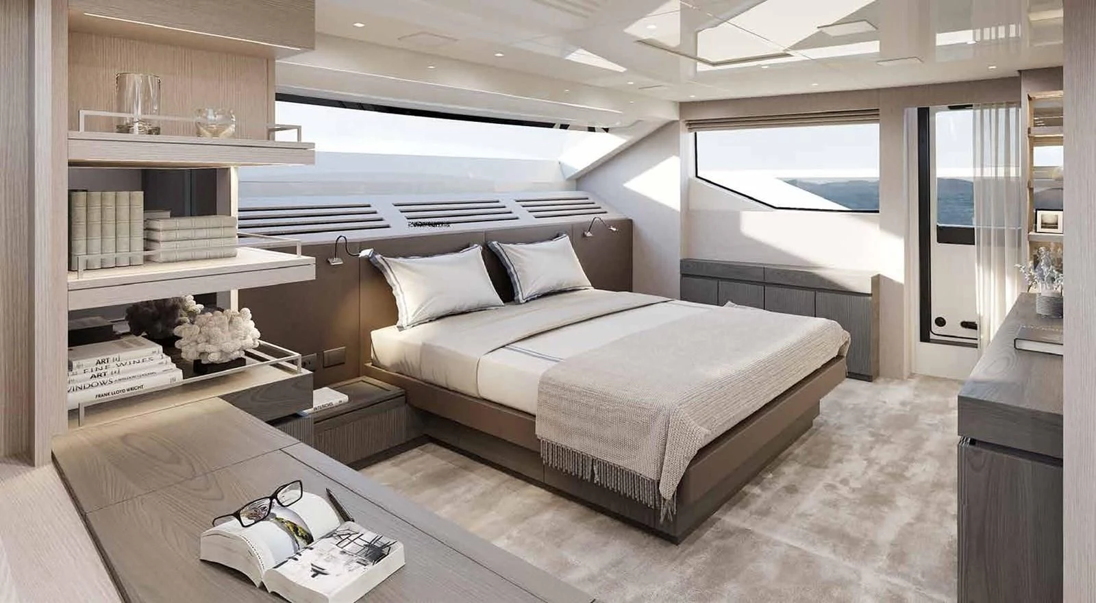a bedroom with a bed and a bookcase aboard PANAME Yacht for Sale