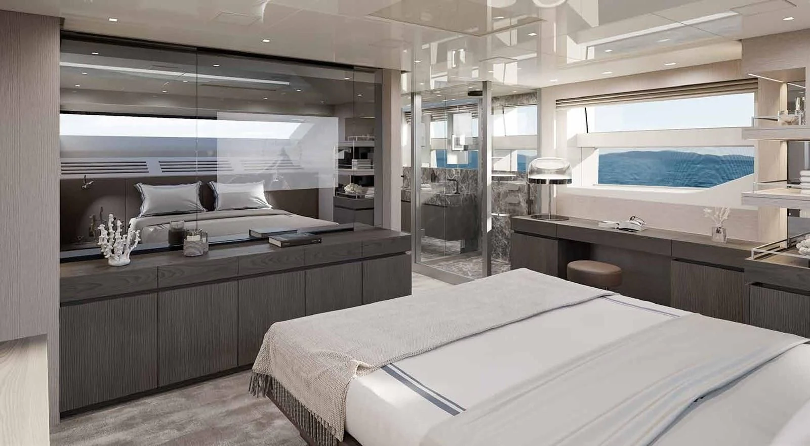 a room with a bed and a desk aboard PANAME Yacht for Sale