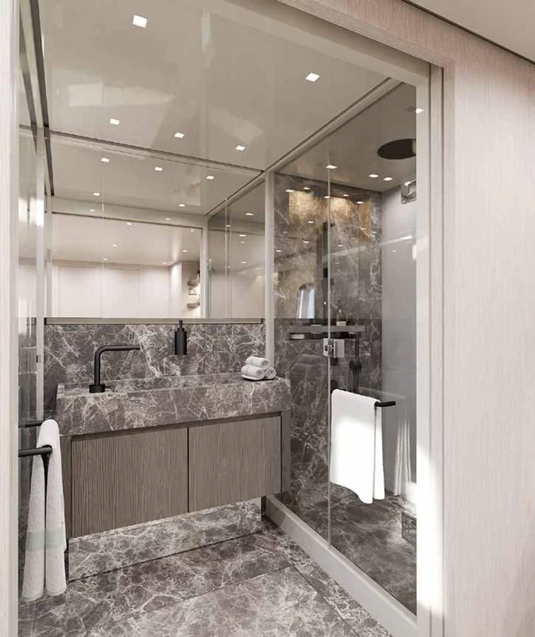 a bathroom with a marble counter top aboard PANAME Yacht for Sale