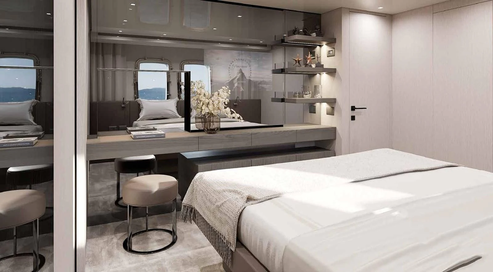a room with a bed and desk aboard PANAME Yacht for Sale