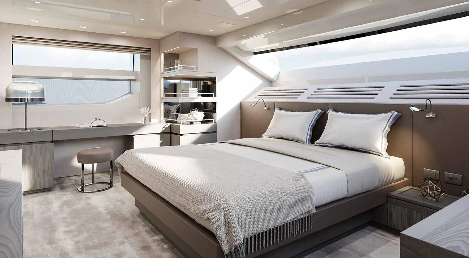 a large bedroom with a large bed aboard PANAME Yacht for Sale