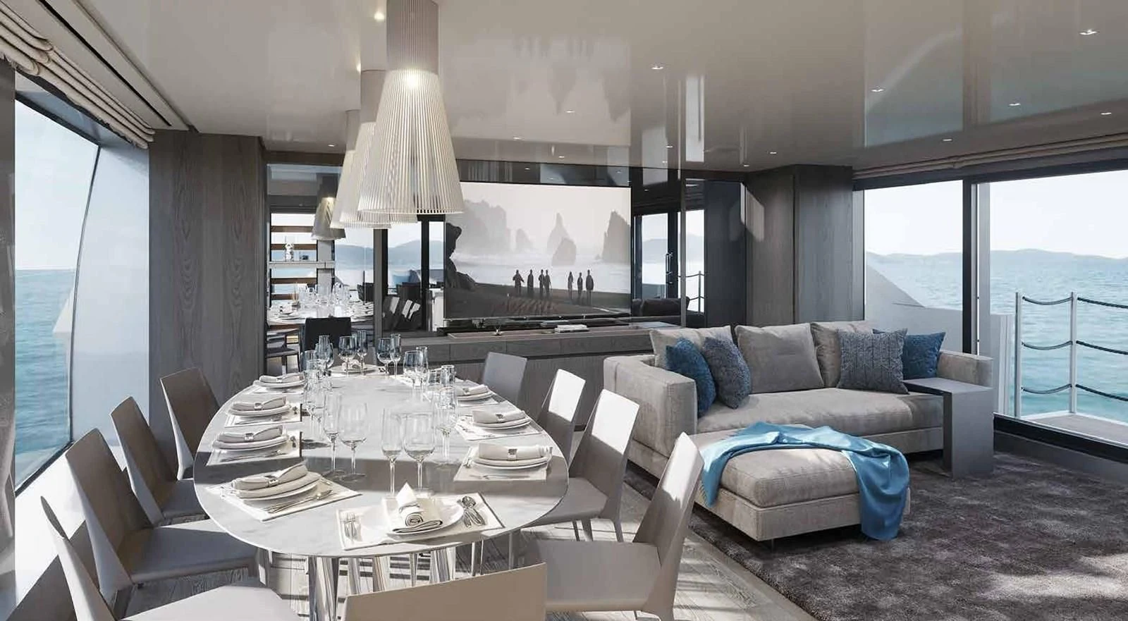 a living room with a couch and a table aboard PANAME Yacht for Sale