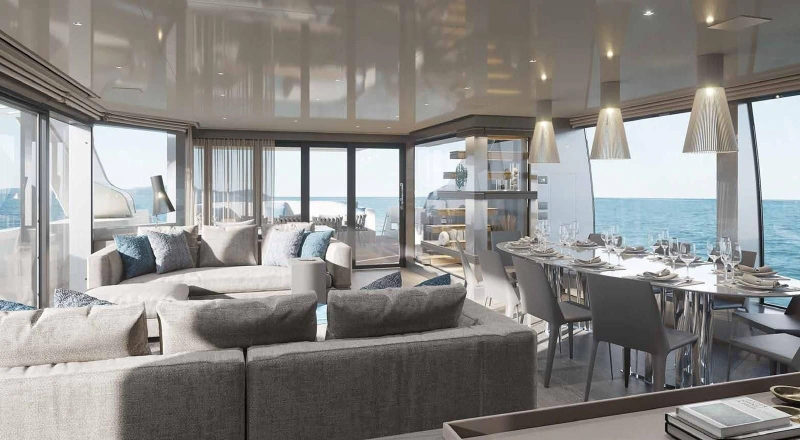 a living room with a large window aboard PANAME Yacht for Sale