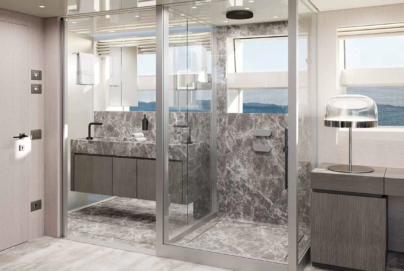 a bathroom with a glass shower aboard PANAME Yacht for Sale