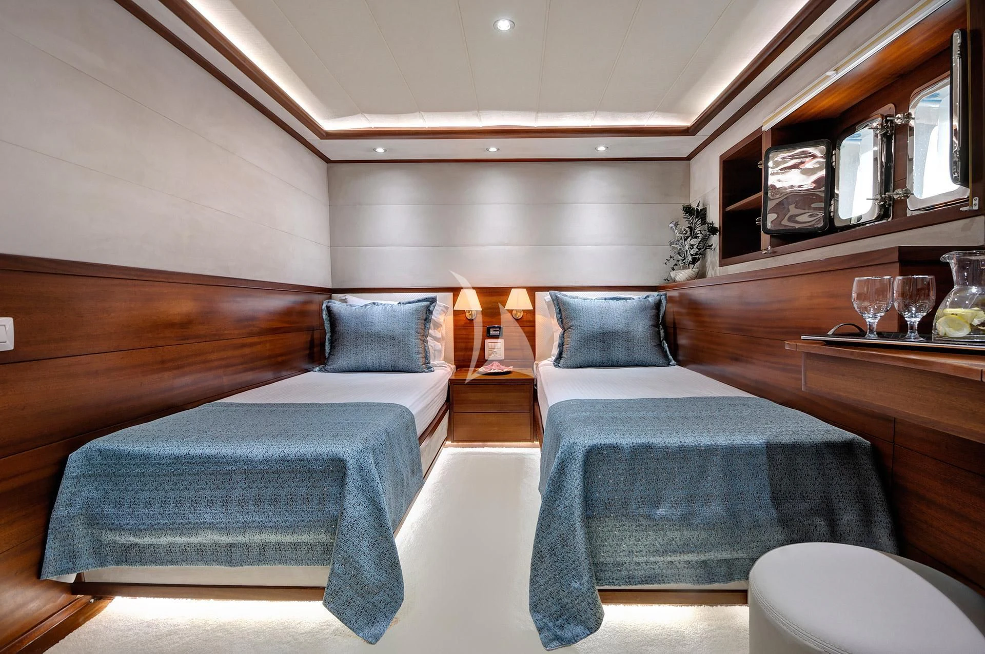 a room with two beds aboard ALESSANDRO I Yacht for Sale