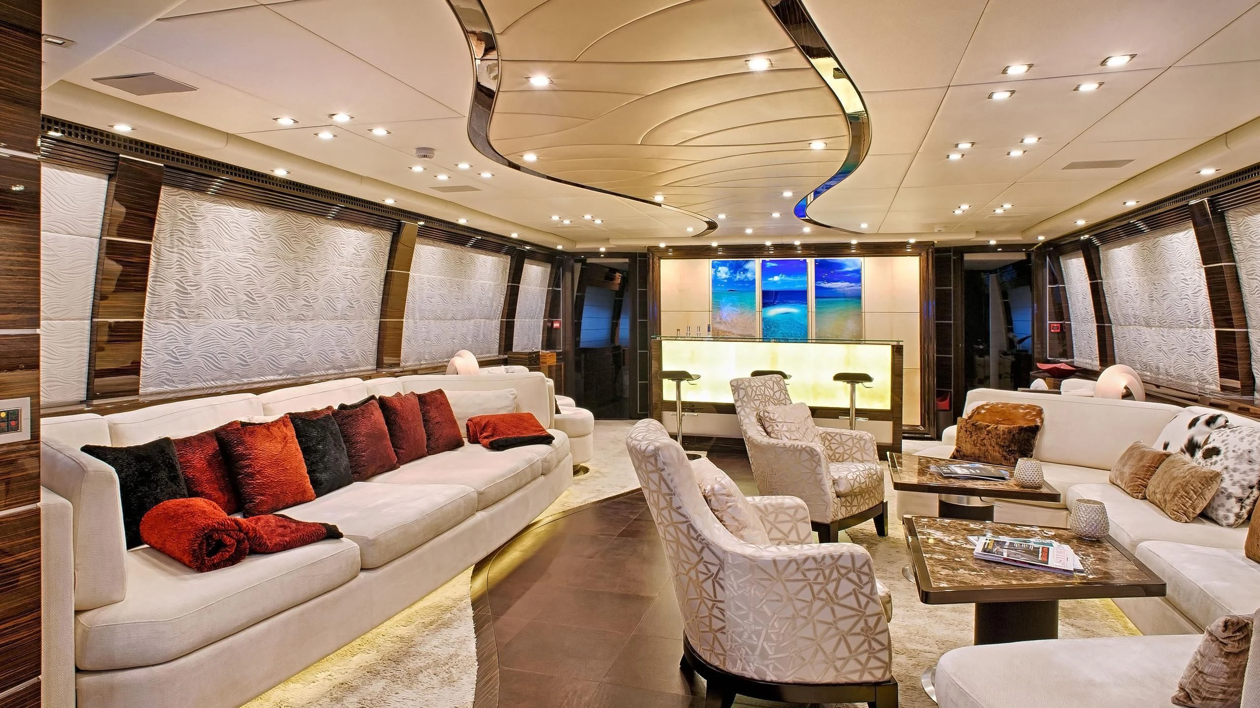 a living room with a large window aboard TUTTO LE MARRANE Yacht for Charter