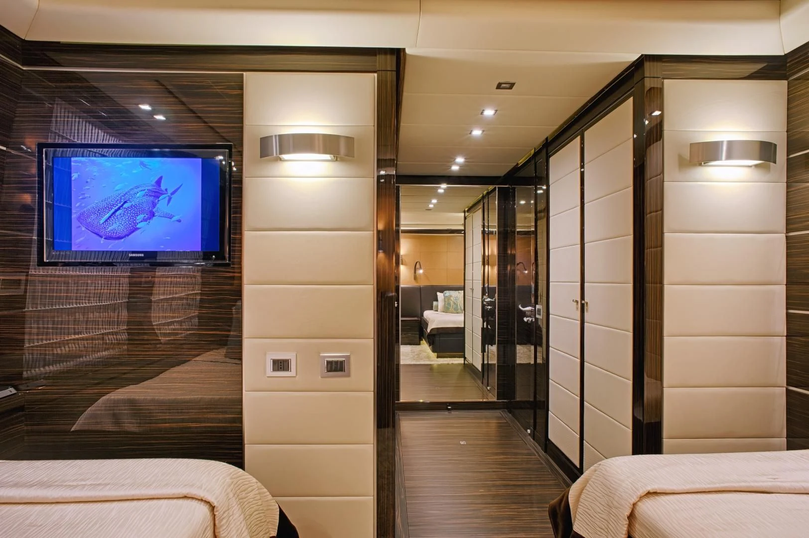 a hotel room with a tv aboard TUTTO LE MARRANE Yacht for Charter