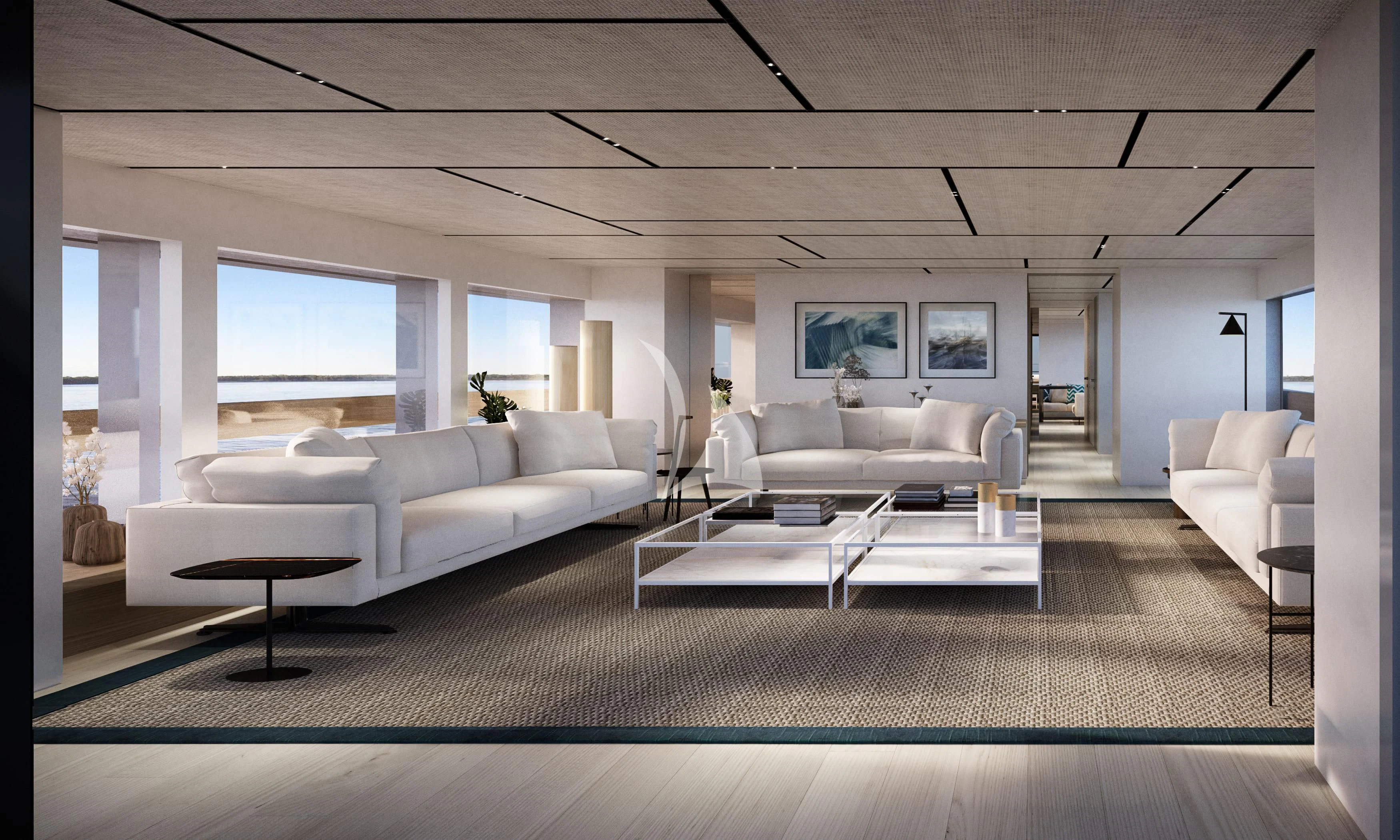 a living room with white furniture aboard LA LA LAND Yacht for Charter