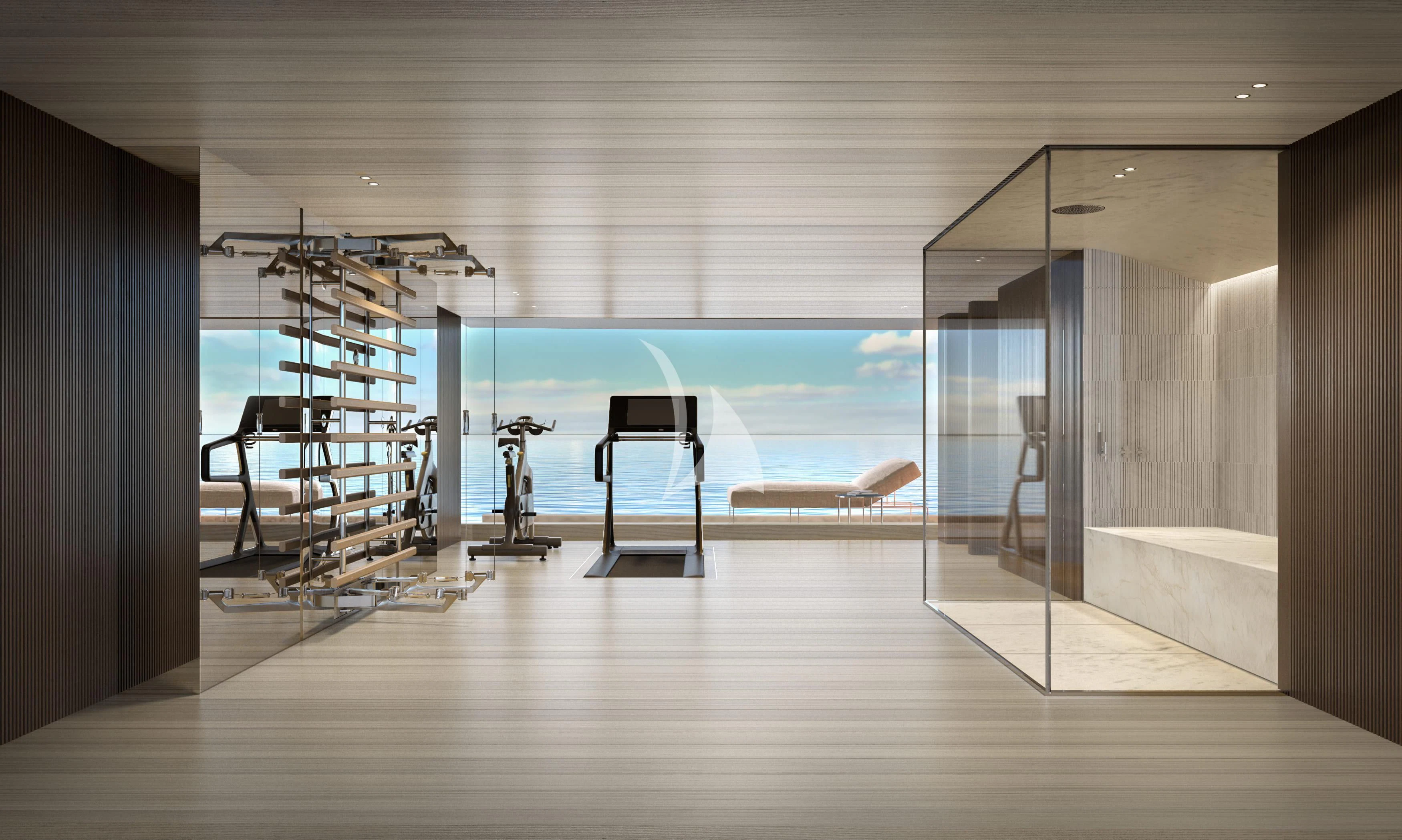 a room with a slide and a table and chairs aboard LA LA LAND Yacht for Charter