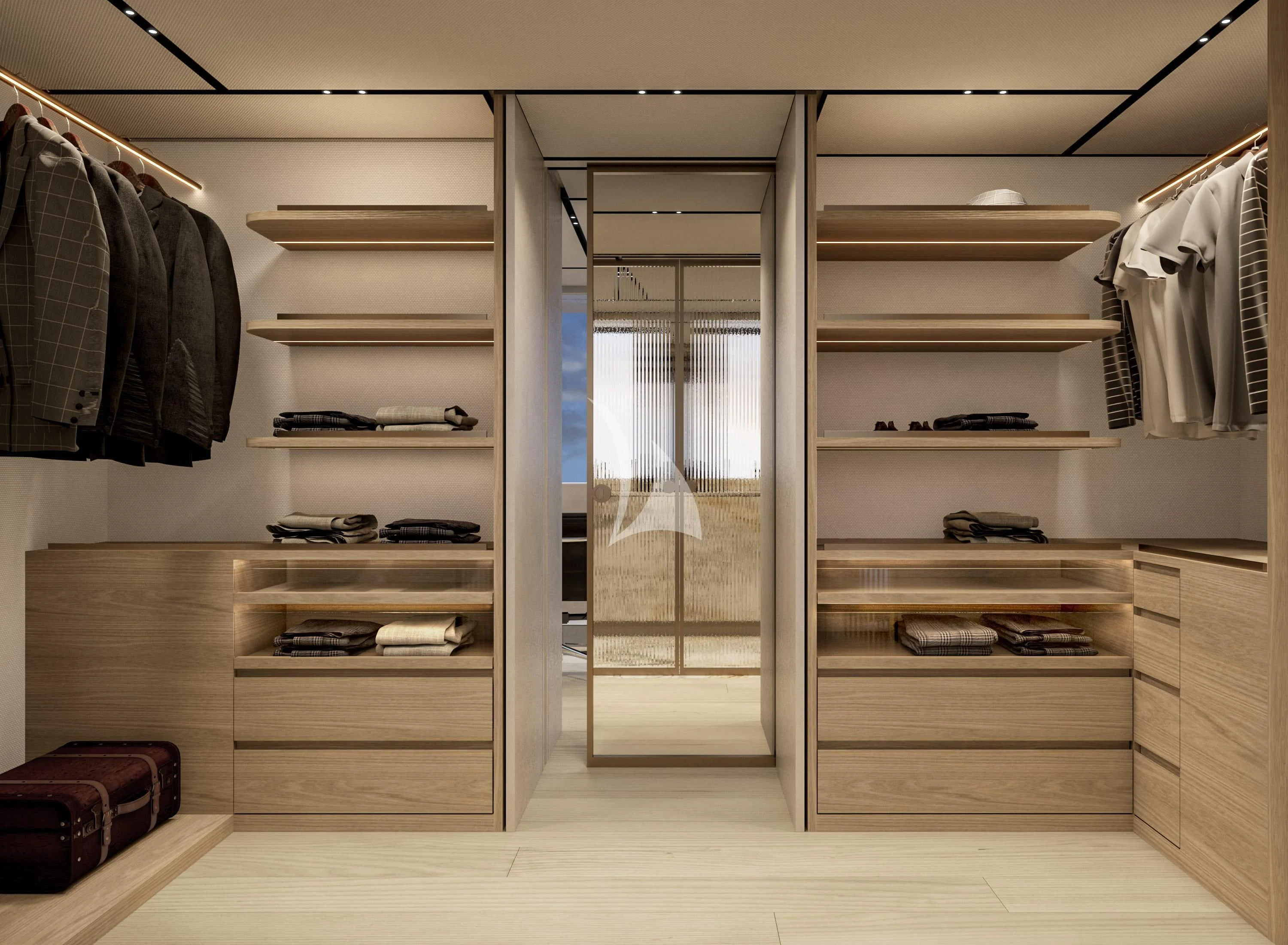 a closet with clothes on the wall aboard LA LA LAND Yacht for Charter