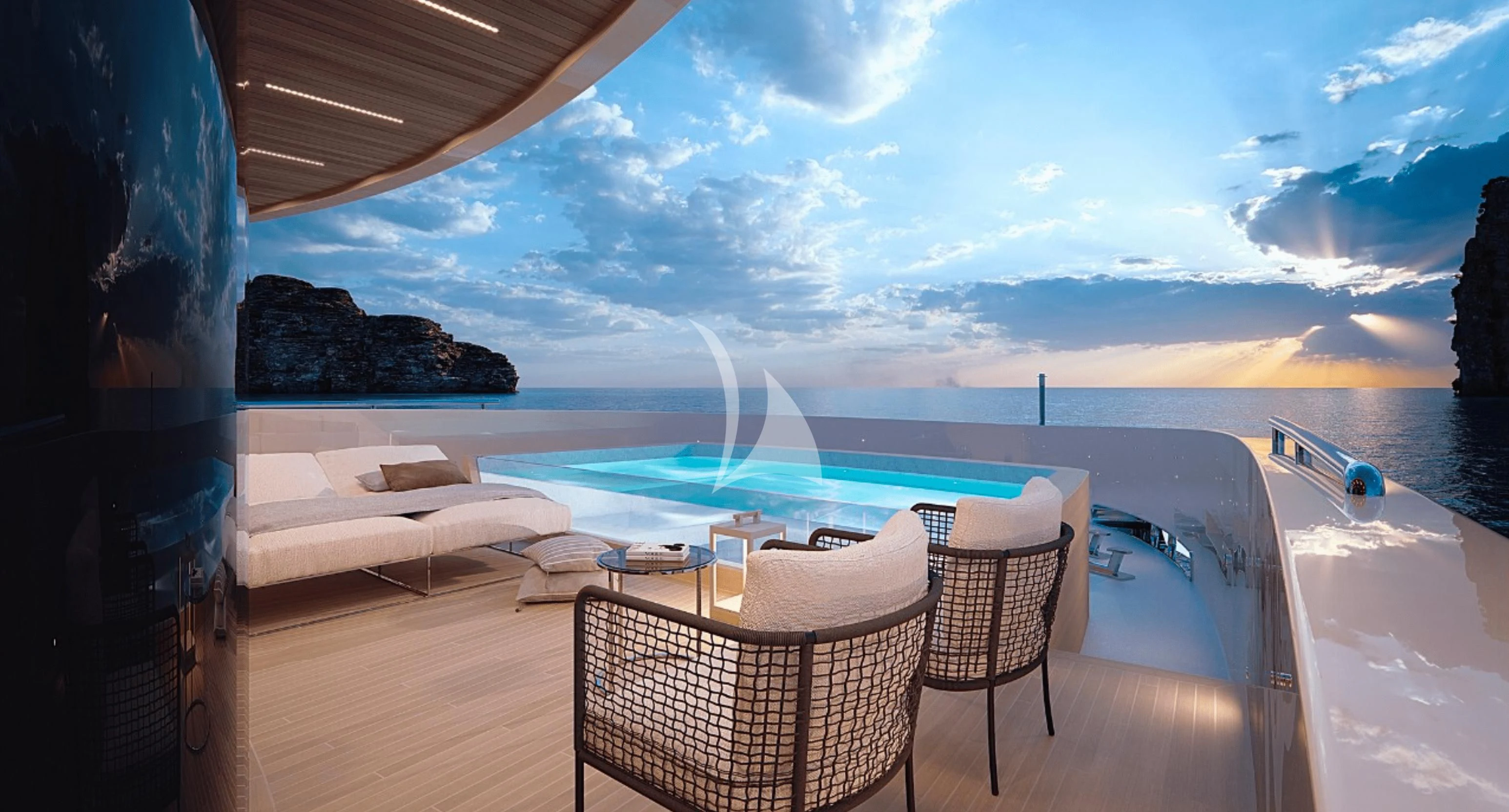 a deck overlooking a large pool aboard LA LA LAND Yacht for Charter