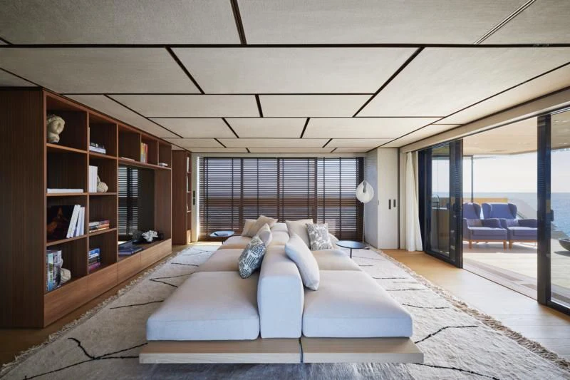 a bedroom with a large bed aboard LA LA LAND Yacht for Charter