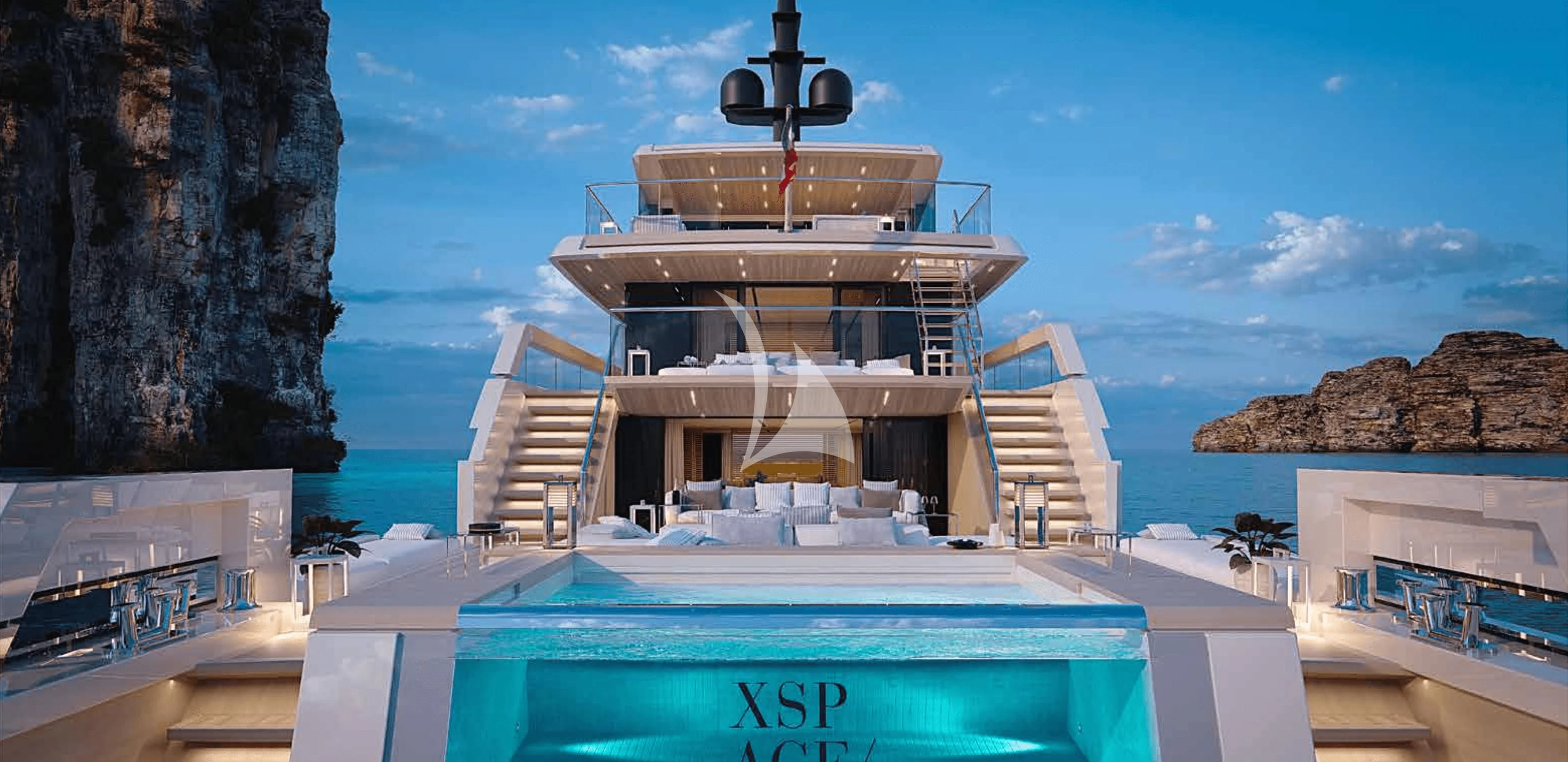 a building with a tower aboard LA LA LAND Yacht for Charter