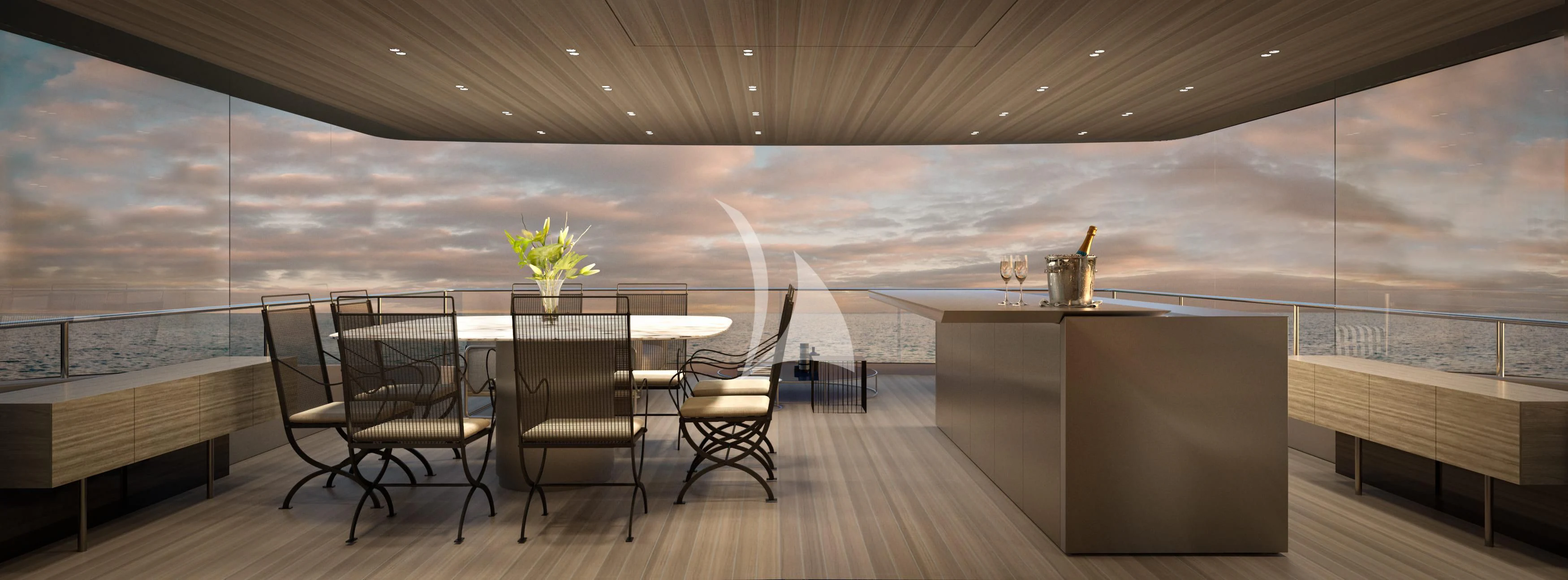 a table and chairs in a room aboard LA LA LAND Yacht for Charter