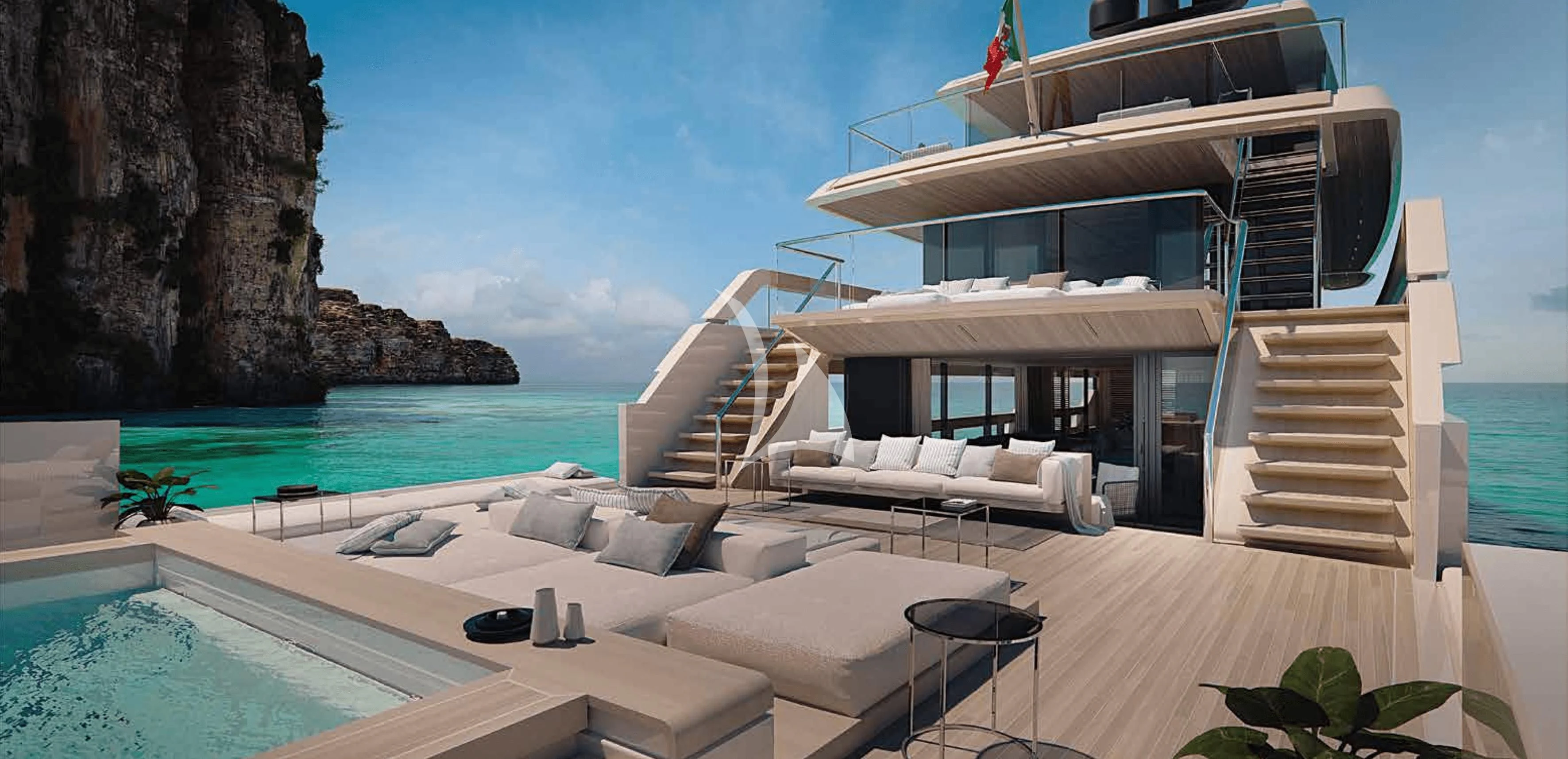 a large white lounge chair next to a large pool of water aboard LA LA LAND Yacht for Charter