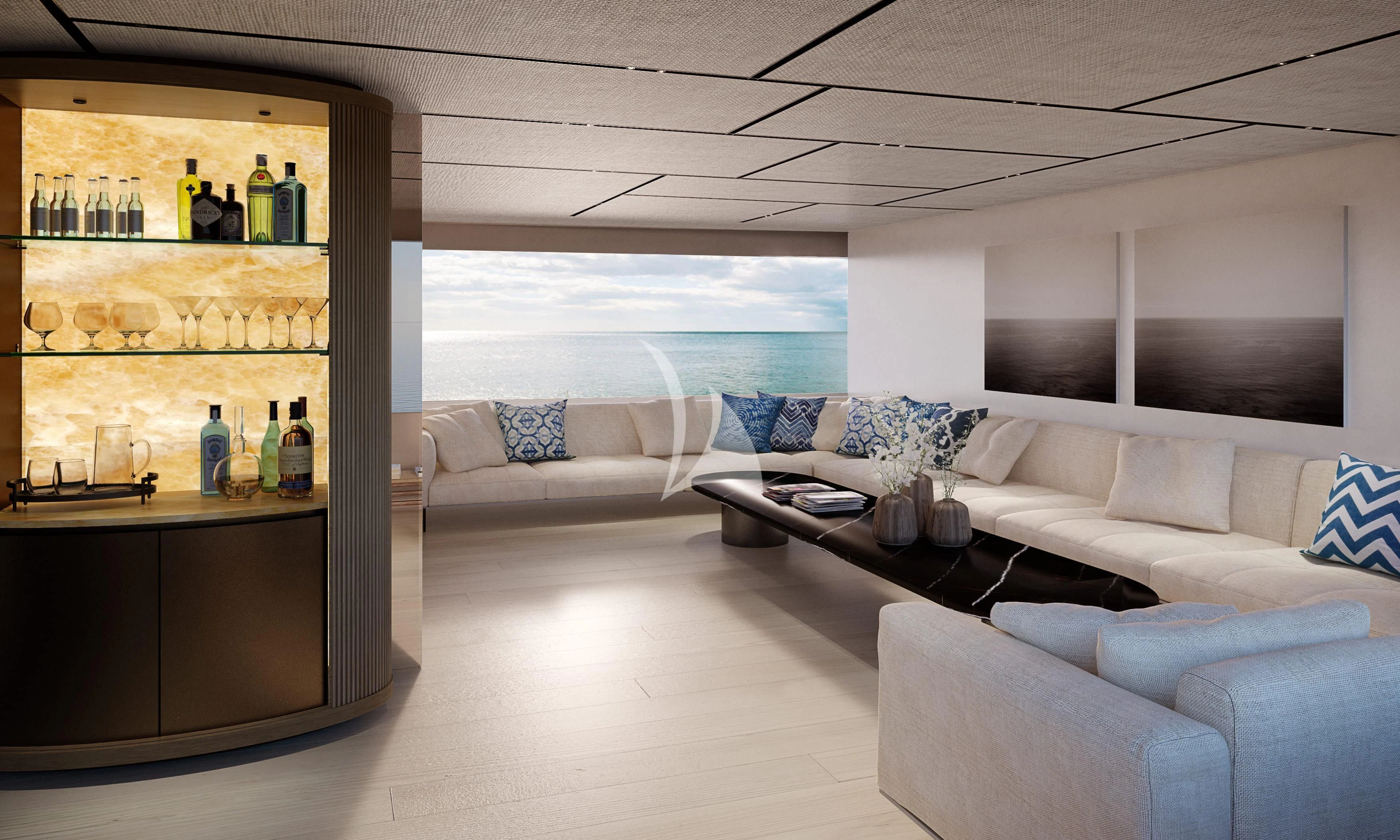 a living room with a large window aboard LA LA LAND Yacht for Charter