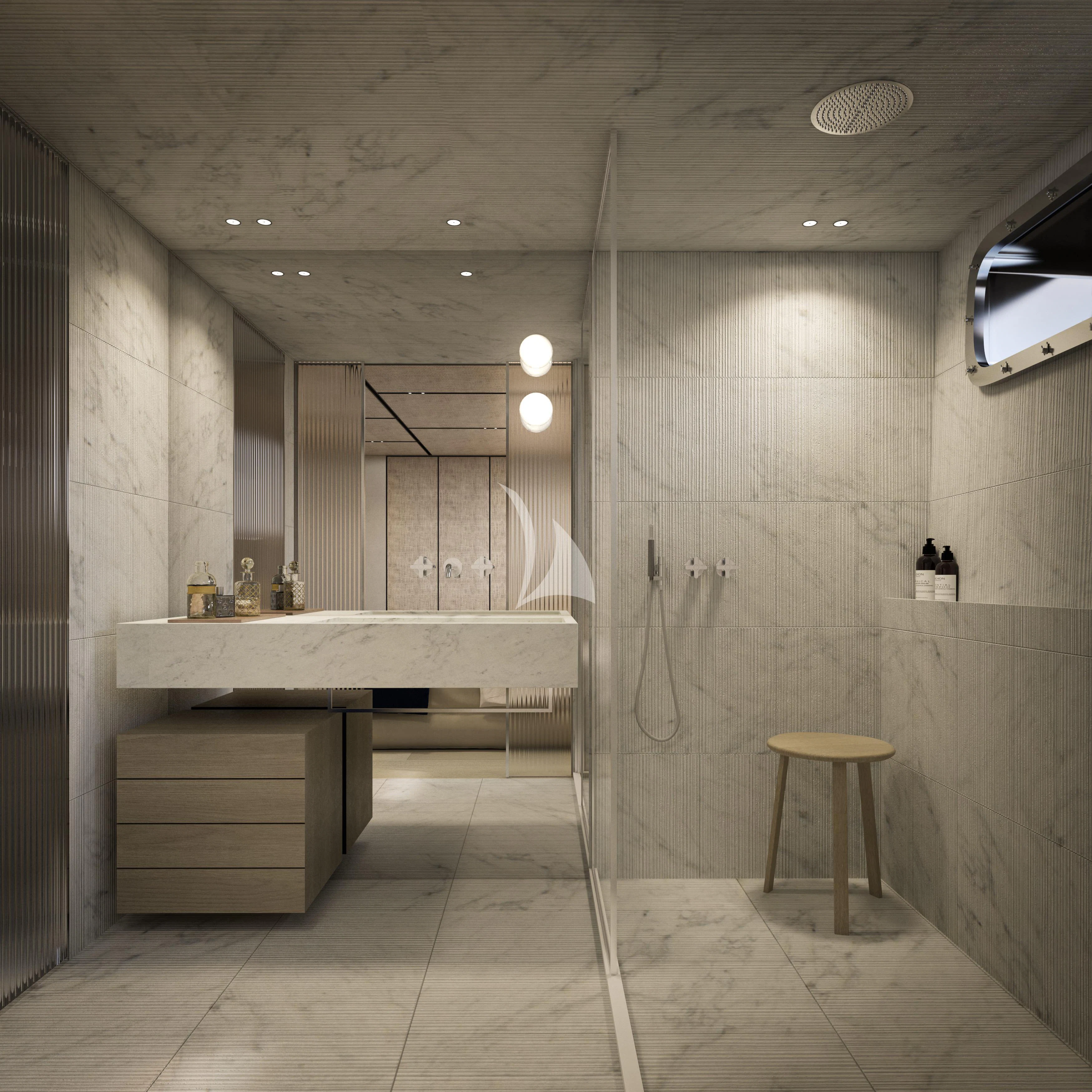 a bathroom with a sink and stool aboard LA LA LAND Yacht for Charter