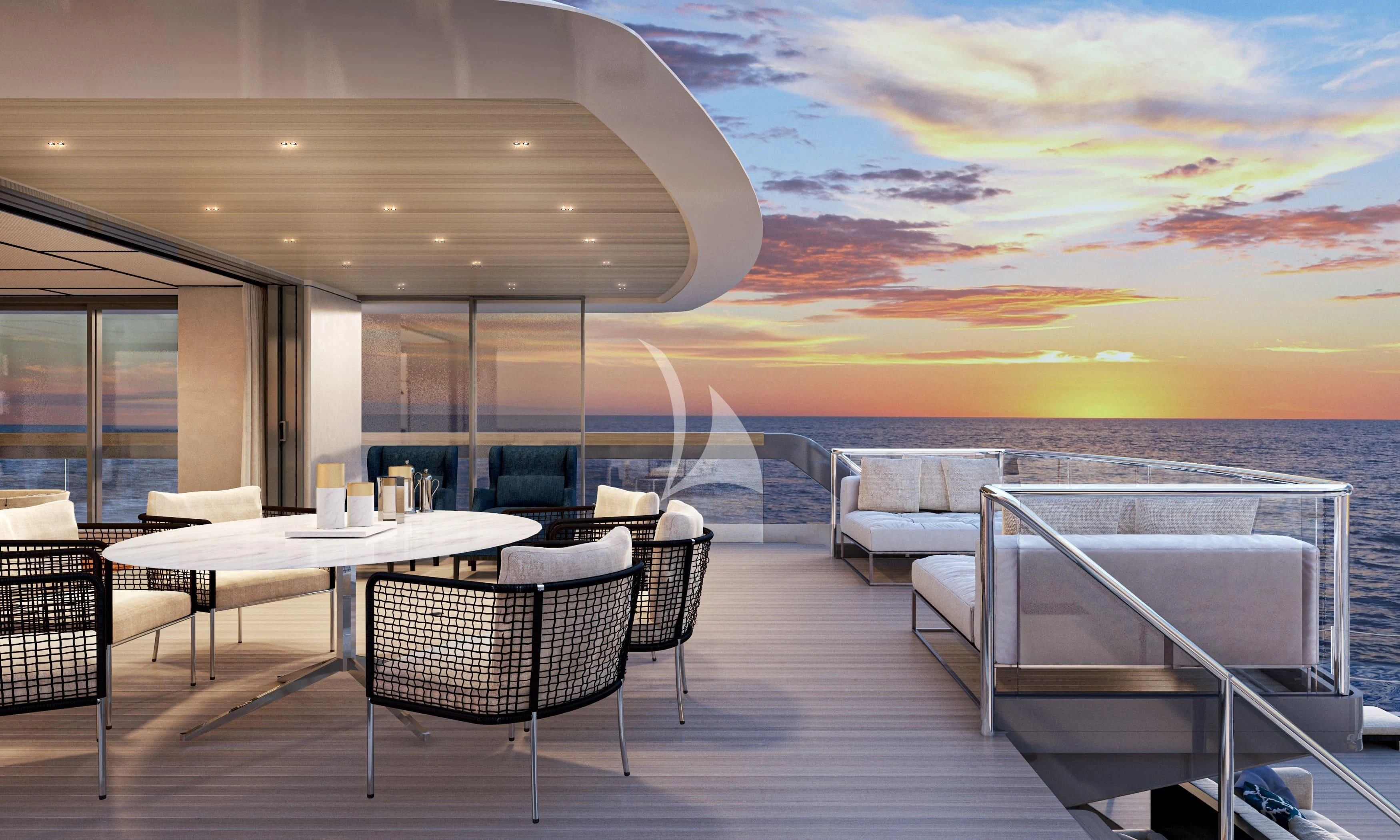 a room with a table and chairs aboard LA LA LAND Yacht for Charter