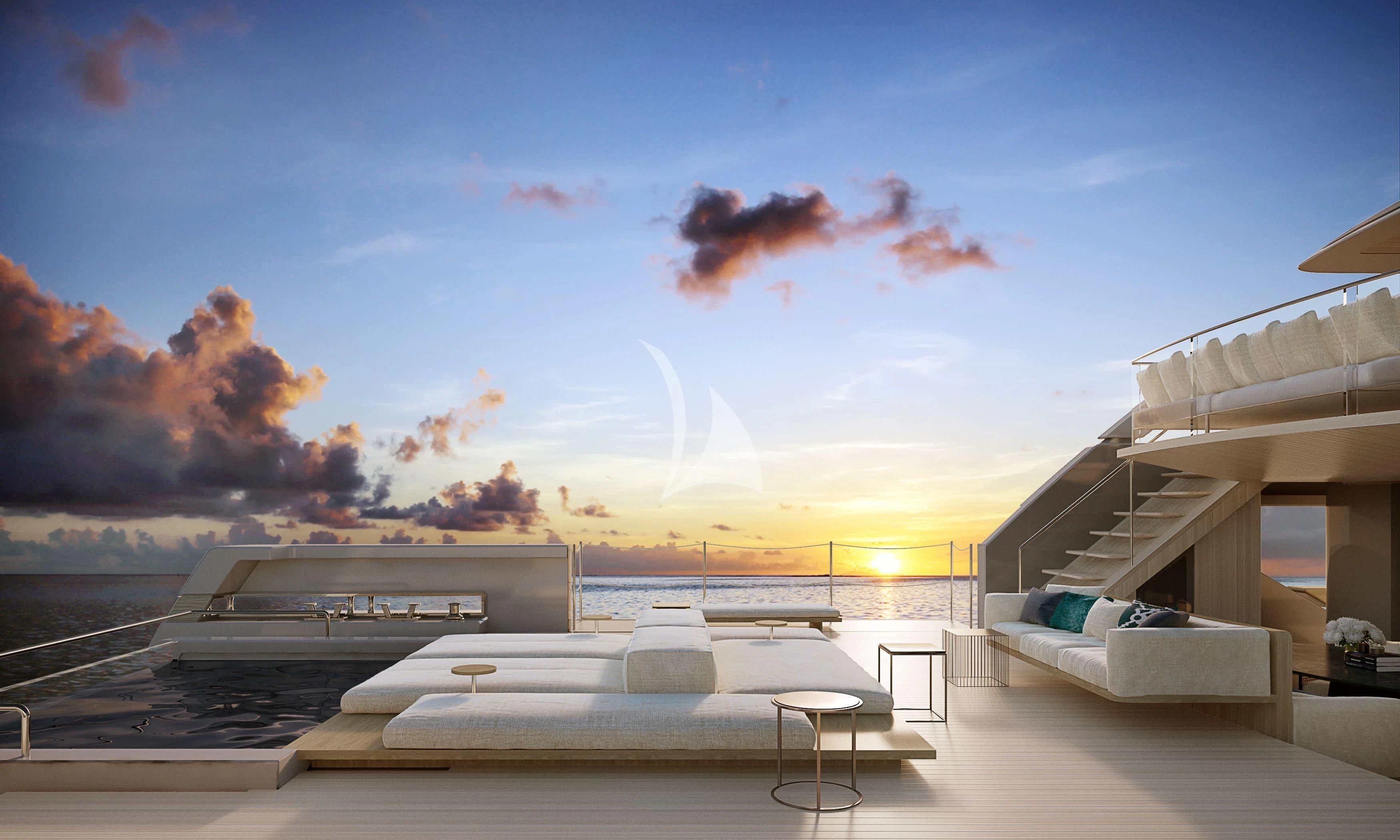 a large building with a pool and a fountain in the middle aboard LA LA LAND Yacht for Charter