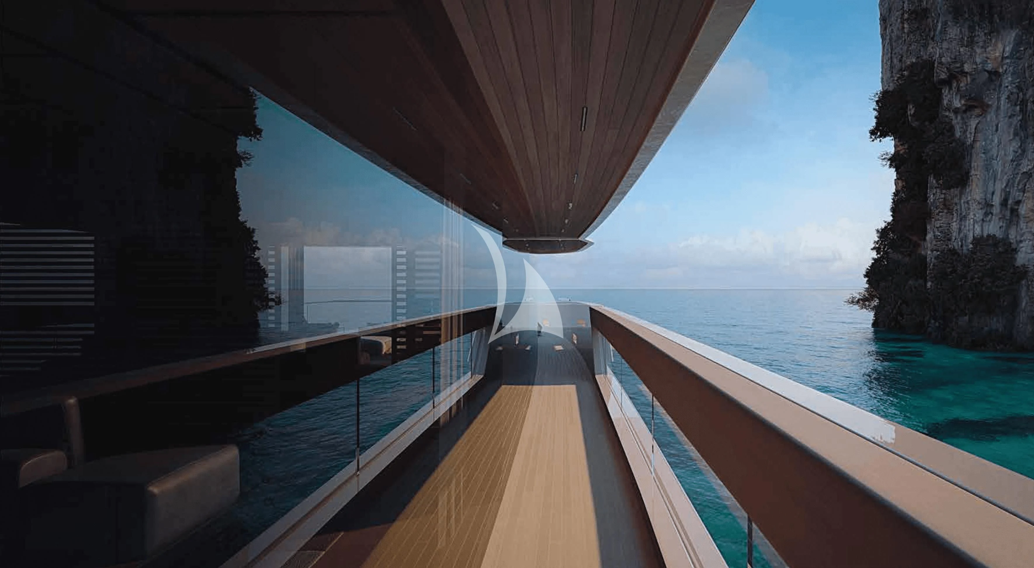 a wooden walkway over a body of water aboard LA LA LAND Yacht for Charter