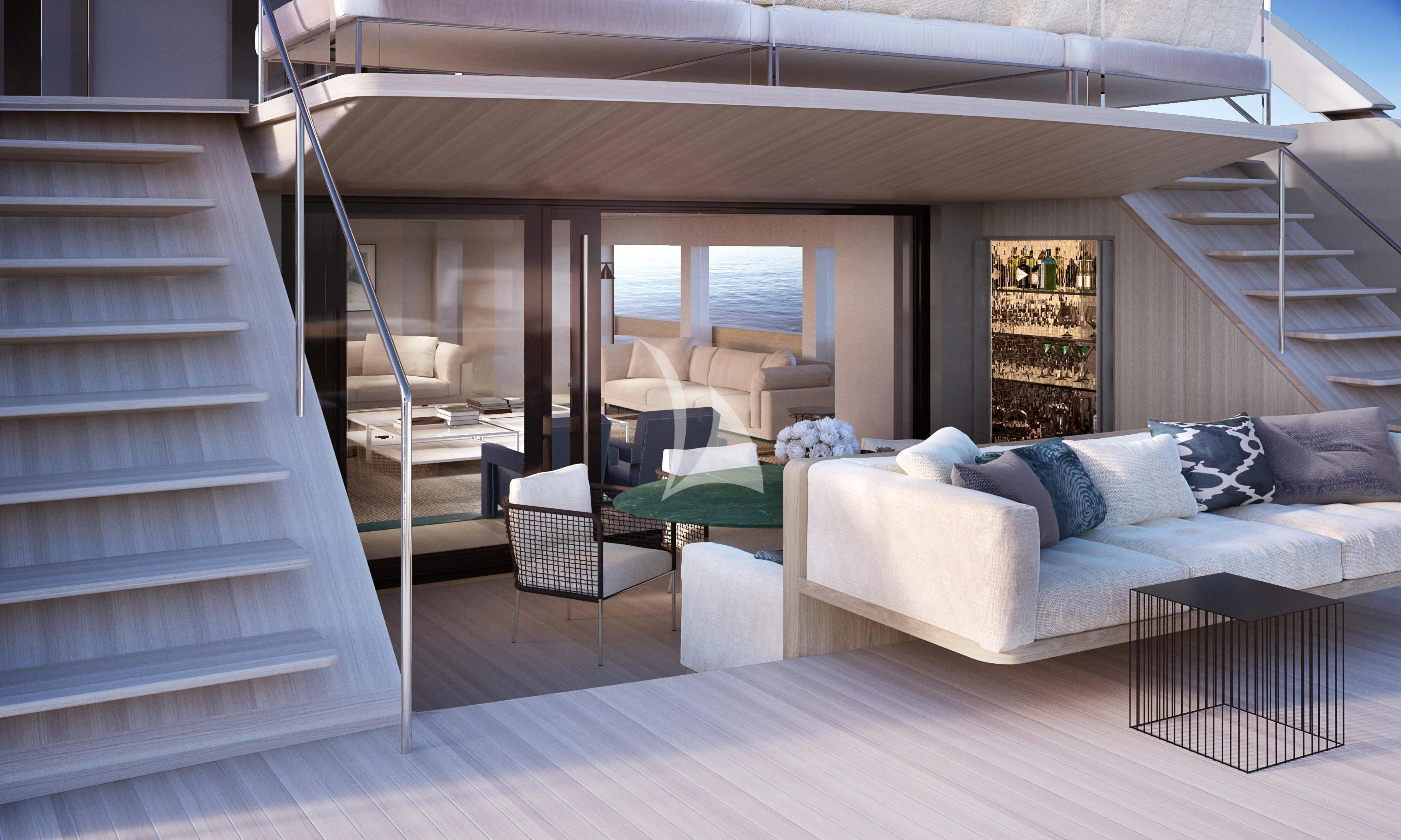 a room with a bed and a couch aboard LA LA LAND Yacht for Charter