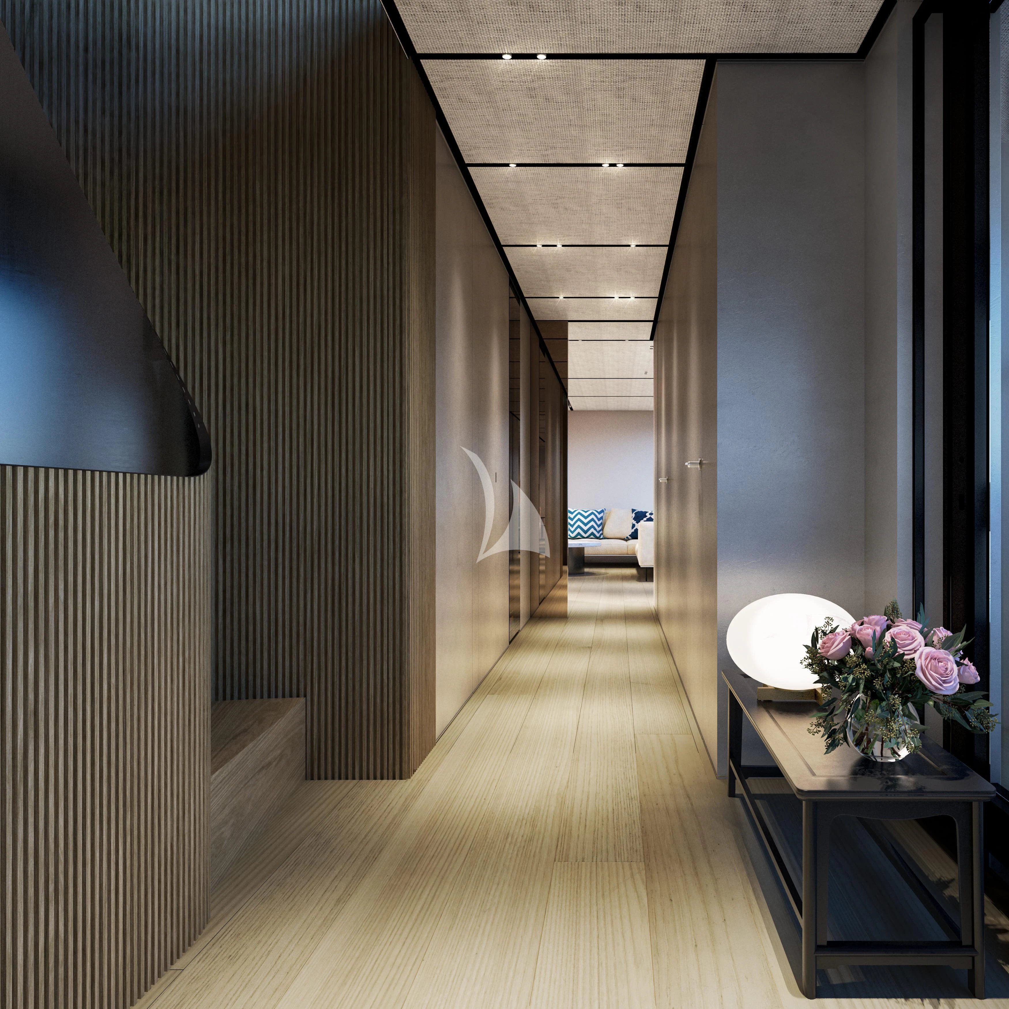 a room with a wood floor and a wood floor aboard LA LA LAND Yacht for Charter