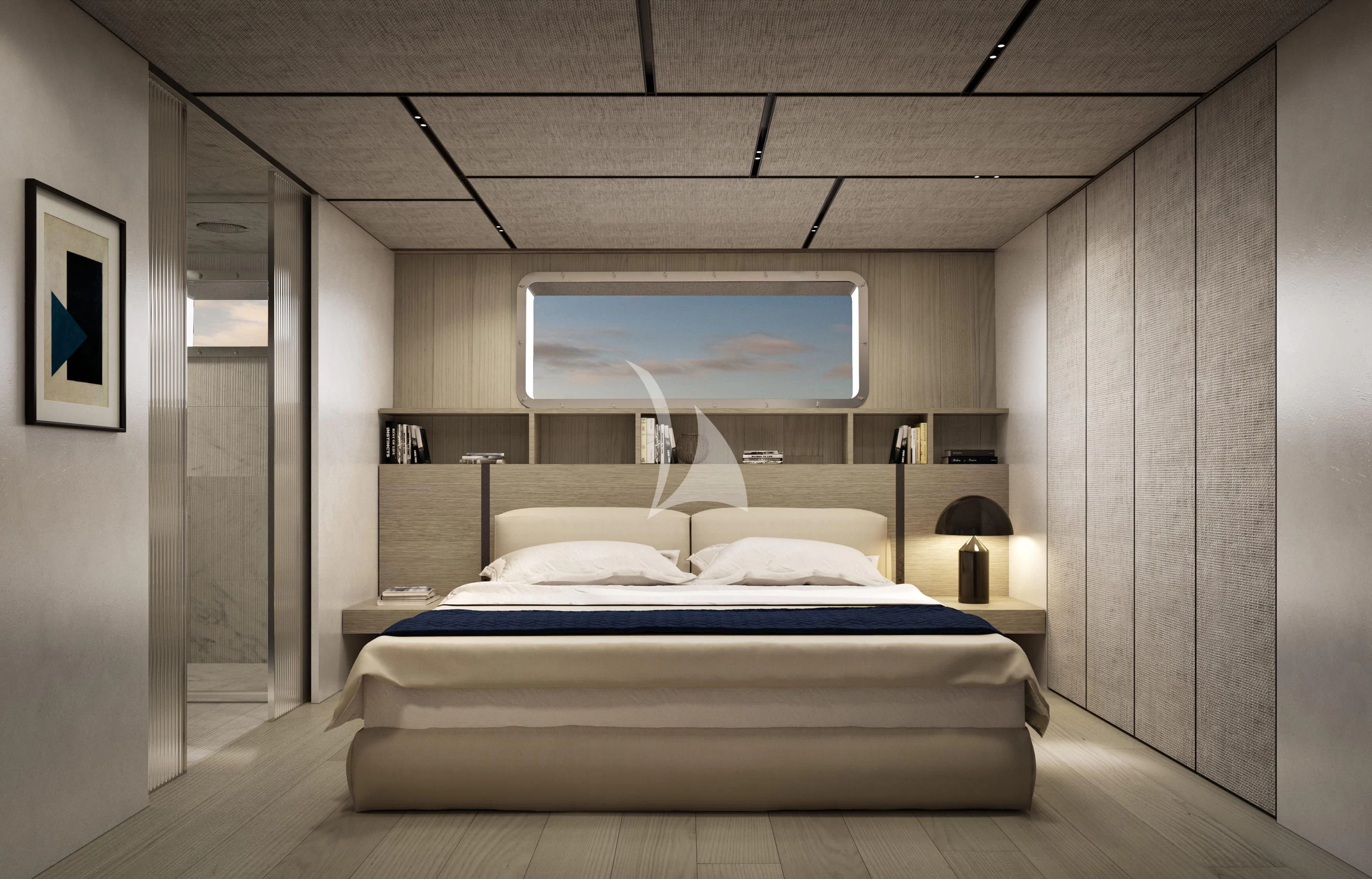 a bed in a room aboard LA LA LAND Yacht for Charter