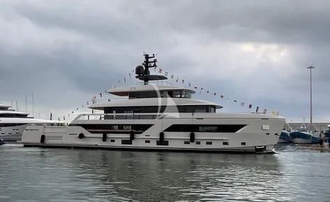 a large white yacht aboard LA LA LAND Yacht for Charter