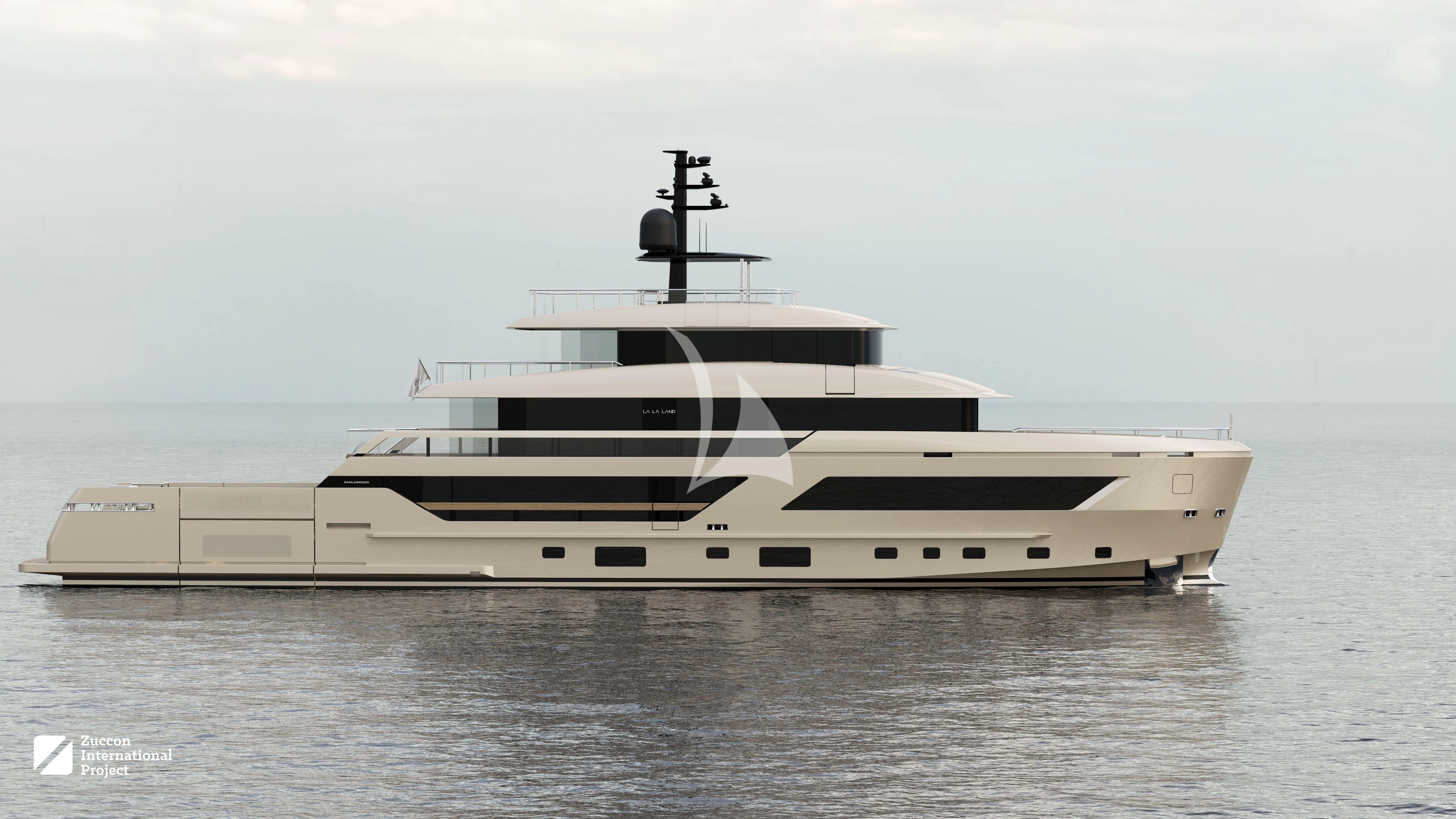 a large white yacht aboard LA LA LAND Yacht for Charter