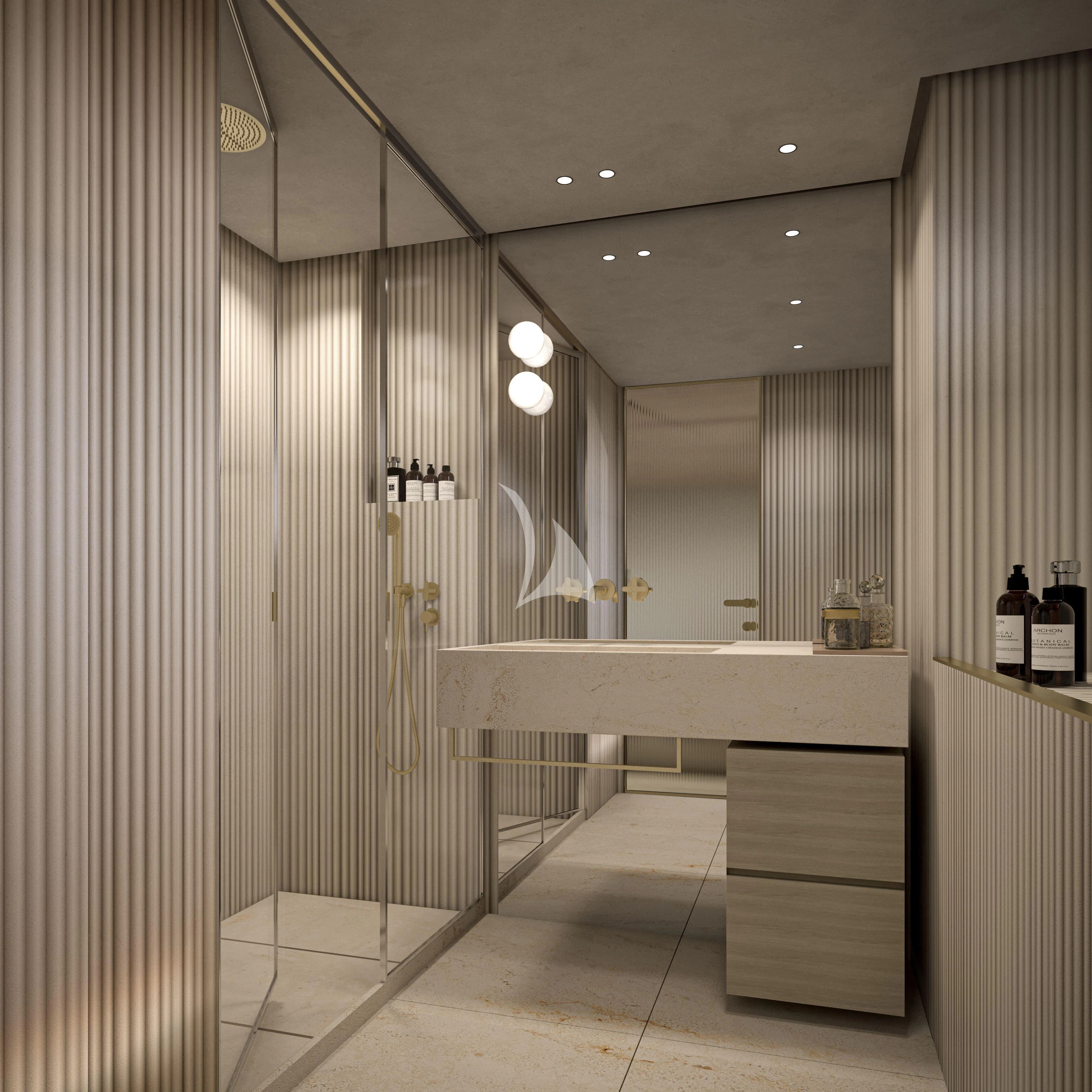 a bathroom with a shower unit and a sink aboard LA LA LAND Yacht for Charter