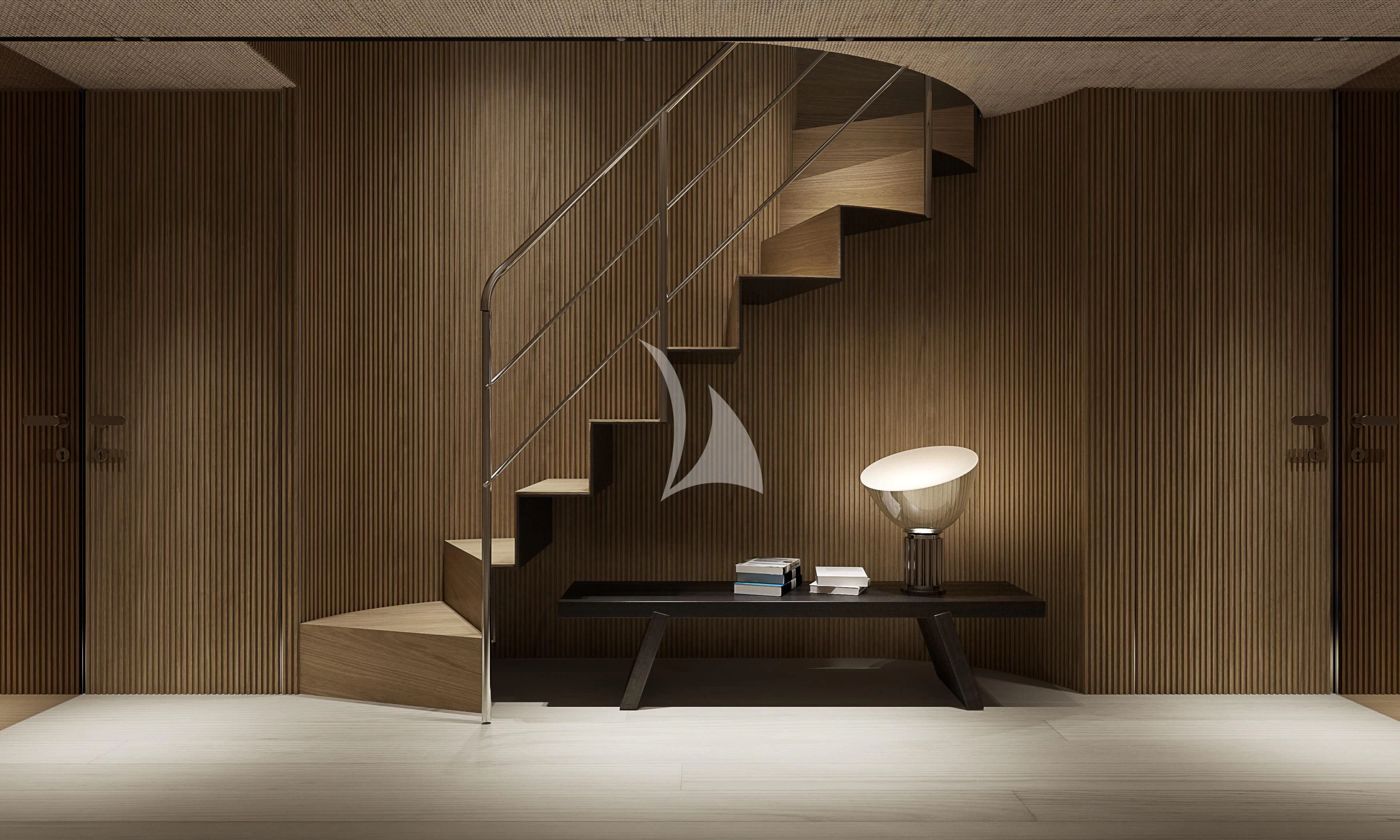 a room with a table and a lamp aboard LA LA LAND Yacht for Charter