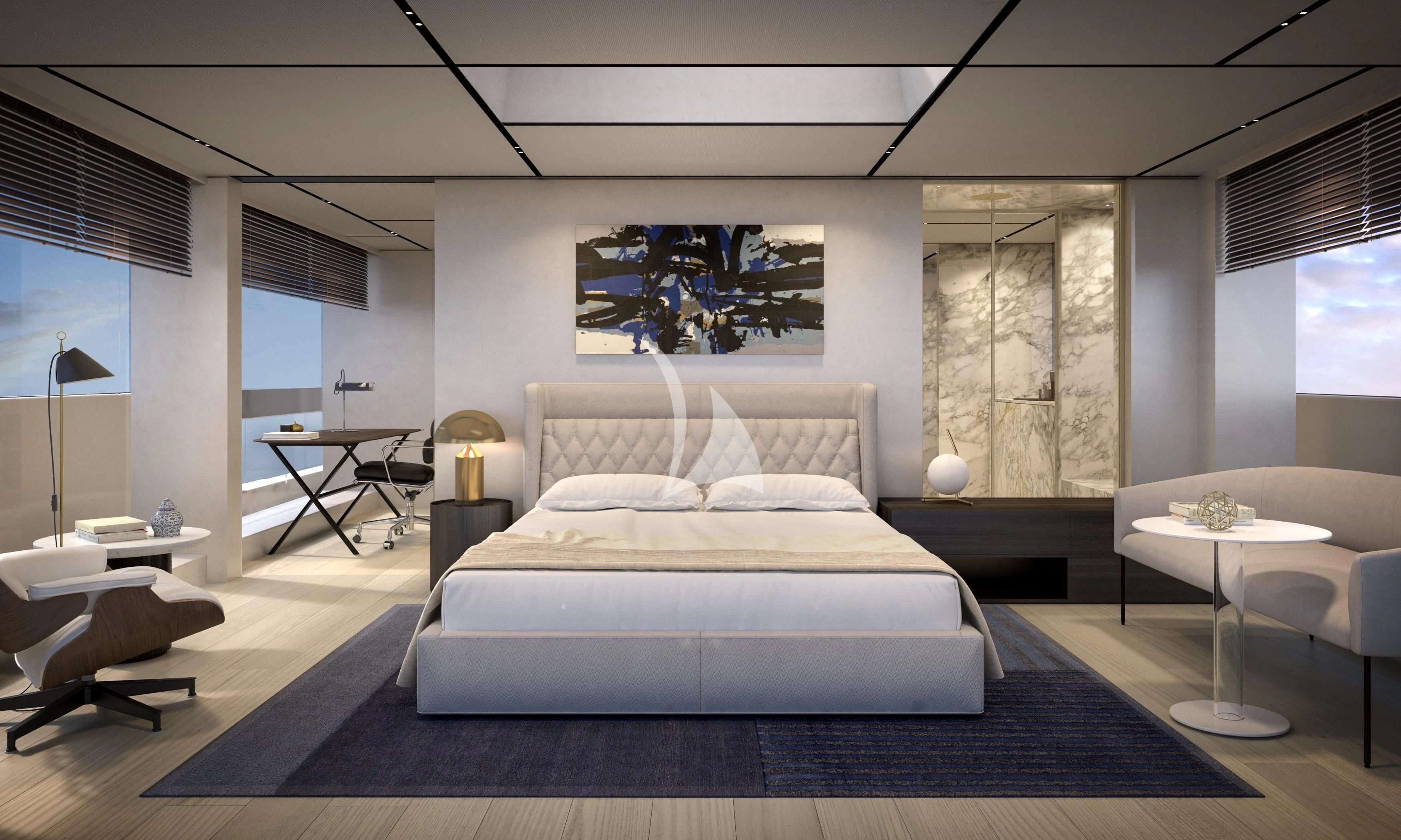 a modern bedroom with a bed and a table aboard LA LA LAND Yacht for Charter