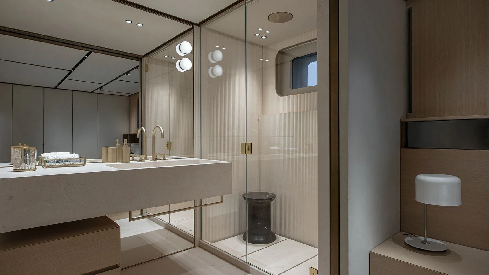 a bathroom with a glass shower aboard LA LA LAND Yacht for Charter