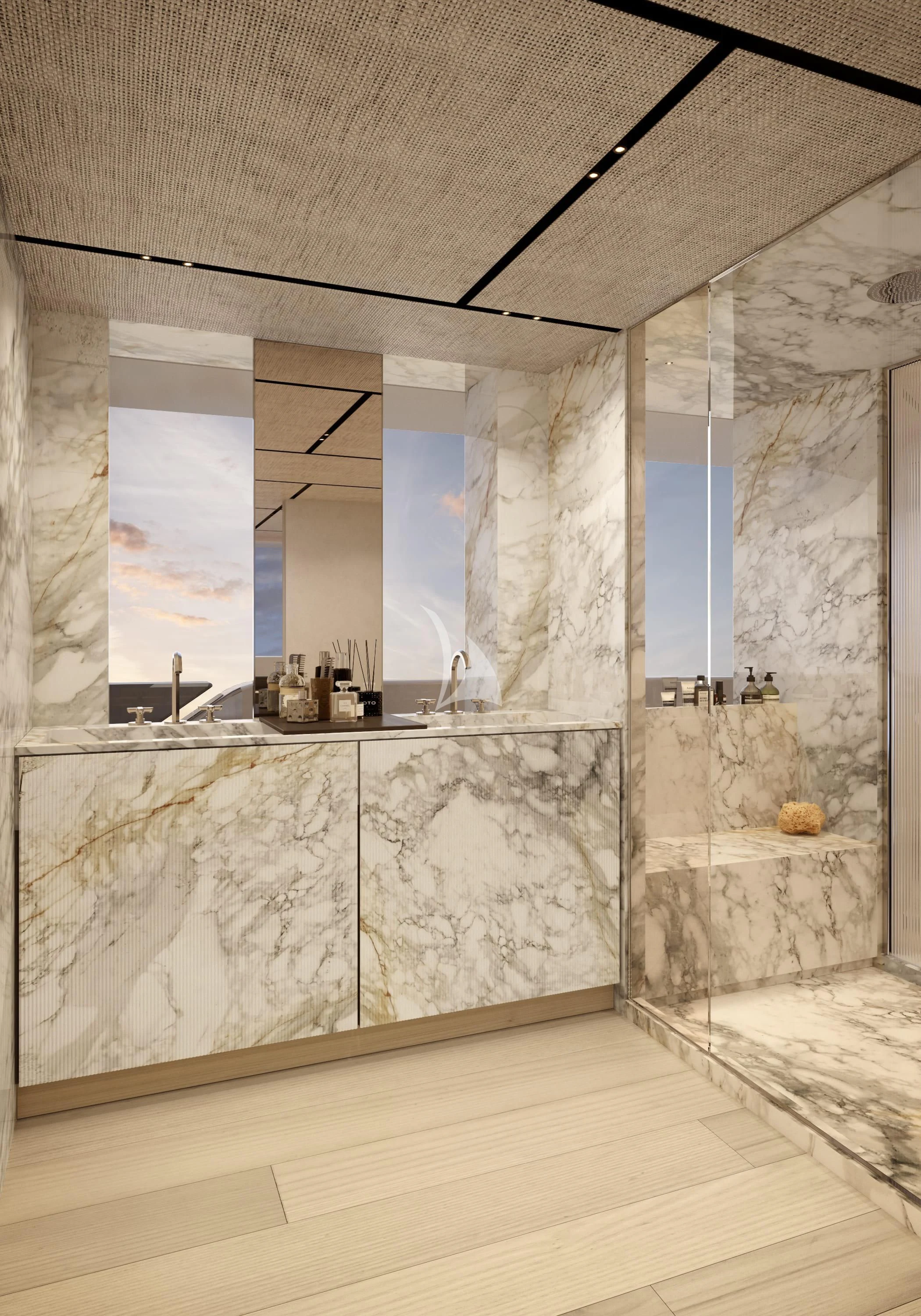 a large bathroom with a large marble countertop aboard LA LA LAND Yacht for Charter