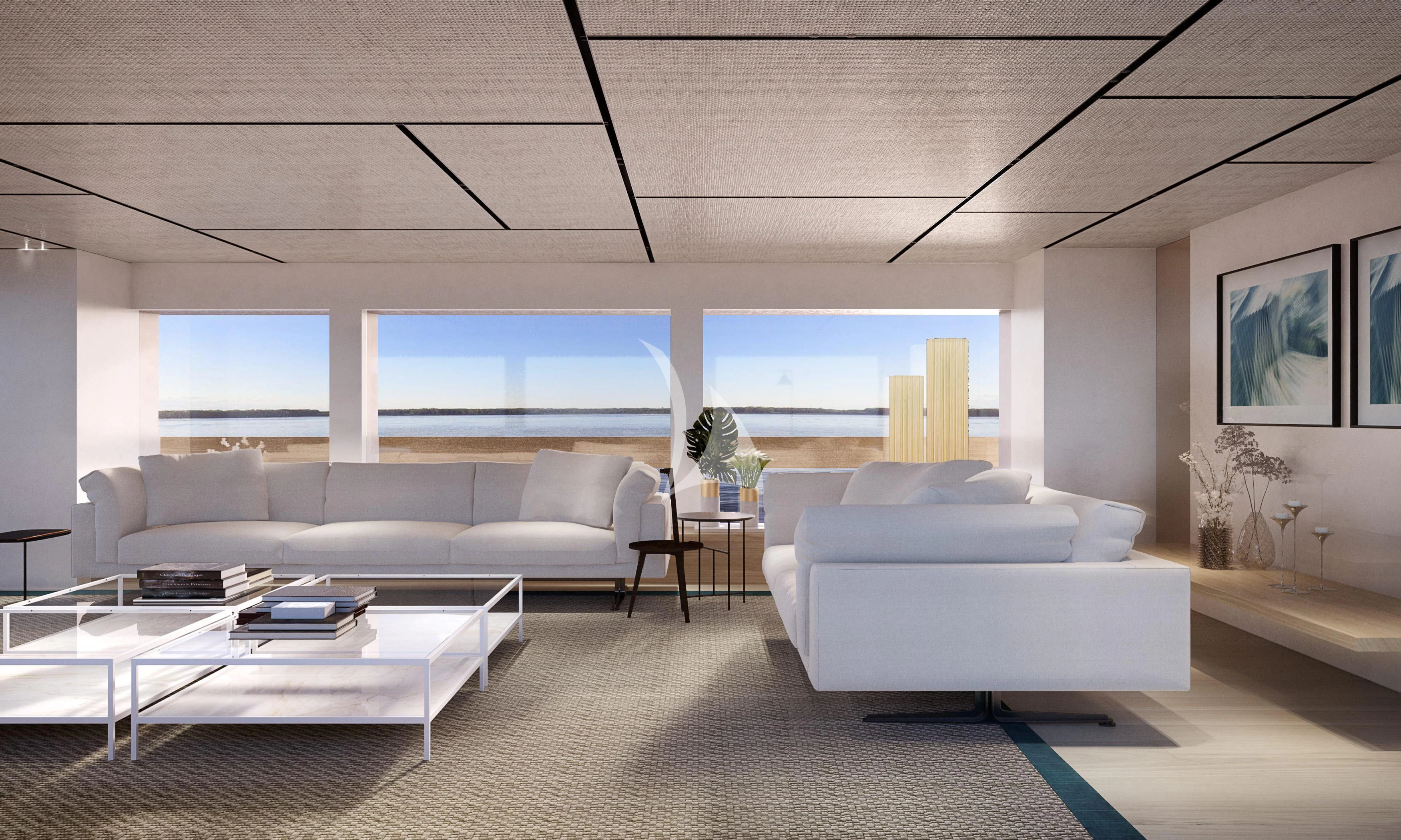 a living room with white couches aboard LA LA LAND Yacht for Charter