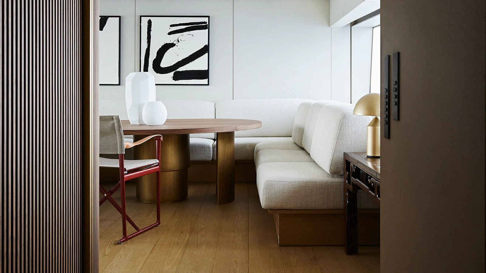 a living room with a table and chairs aboard LA LA LAND Yacht for Charter